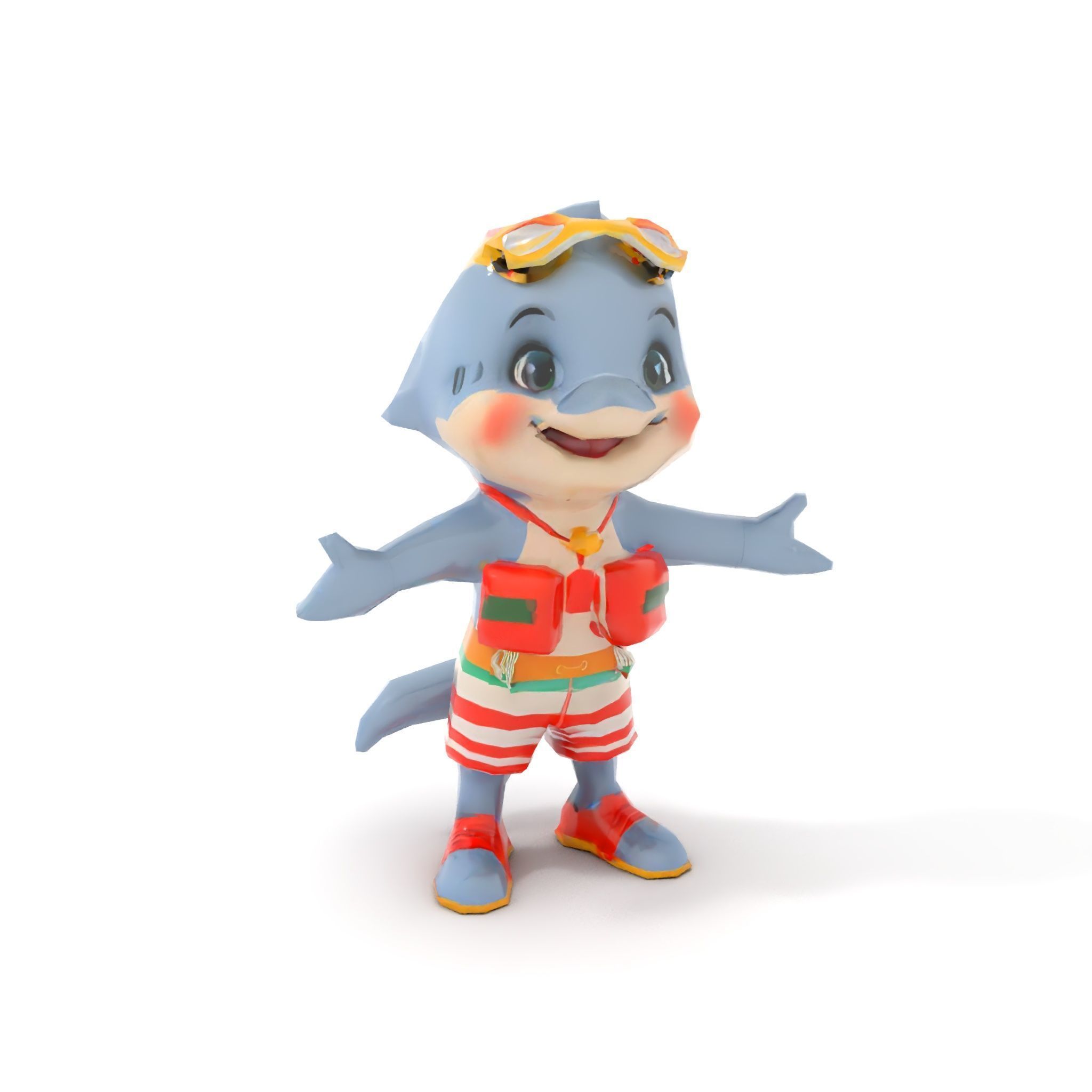Smiling Dolphin Character in Shorts with Lifebuoy Rigged and ... Low-poly 3D model_7