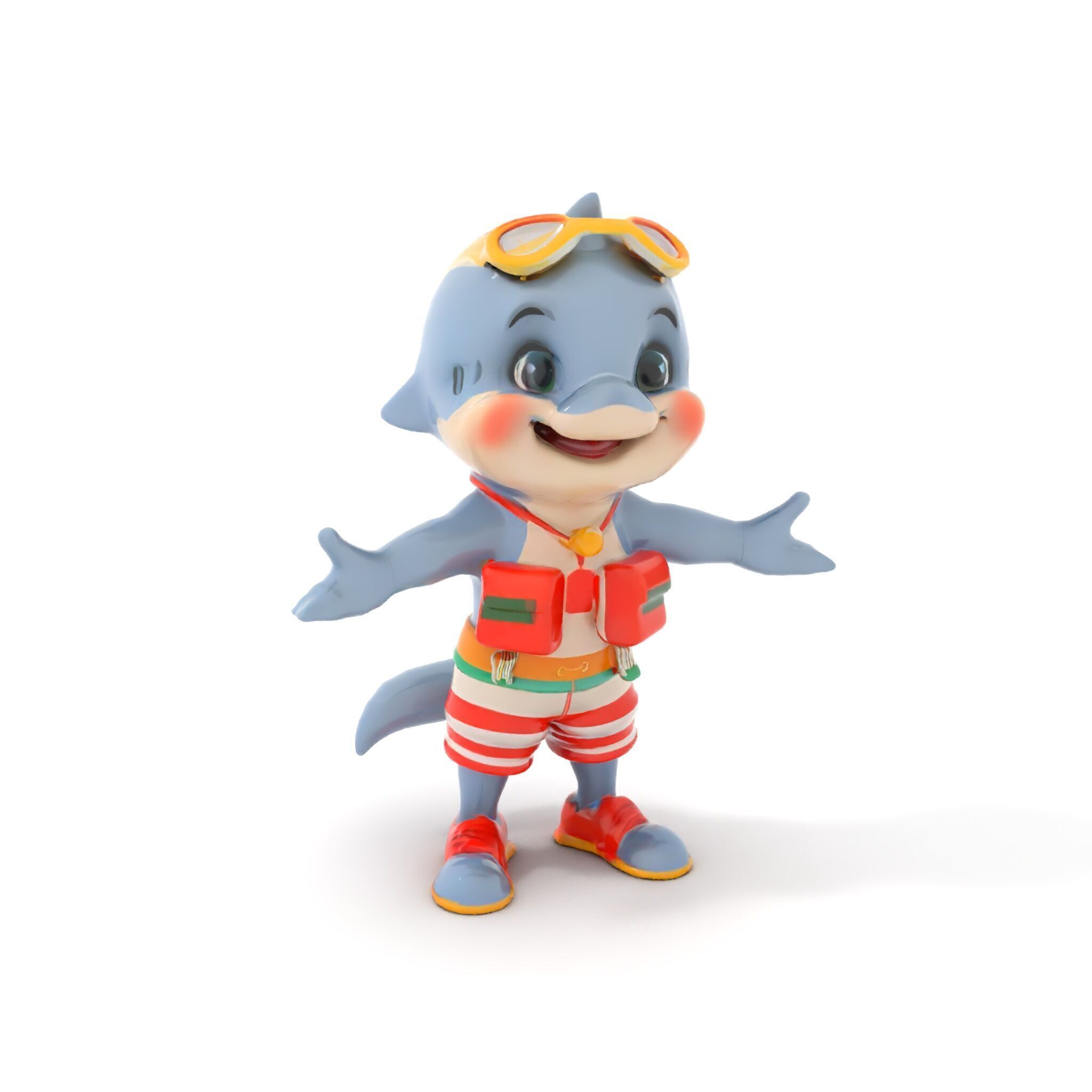 Smiling Dolphin Character in Shorts with Lifebuoy Rigged and ... Low-poly 3D model_10