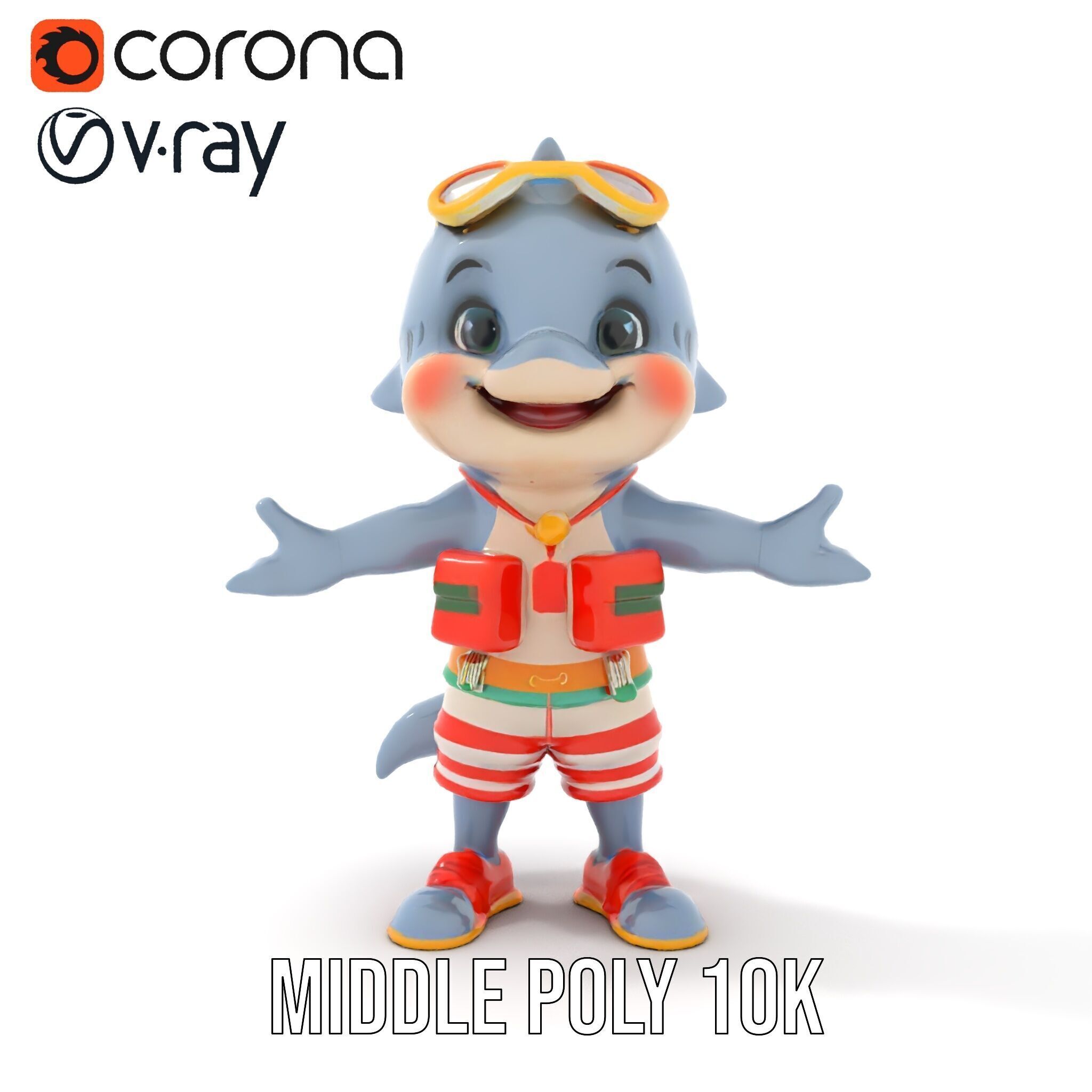 Smiling Dolphin Character in Shorts with Lifebuoy Rigged and ... Low-poly 3D model_13