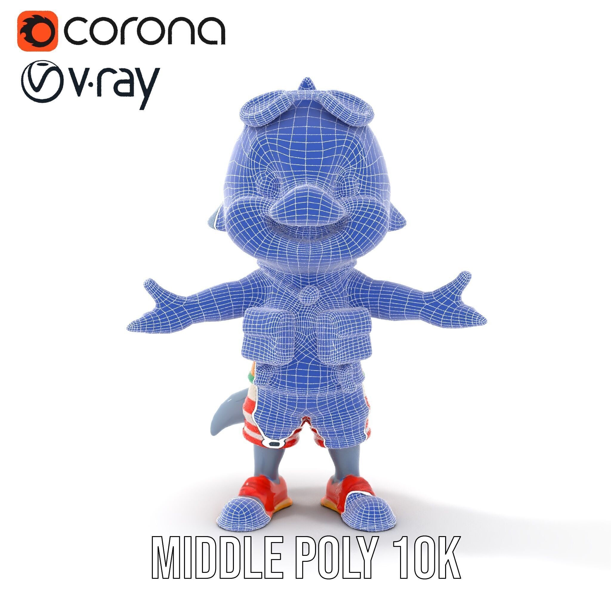 Smiling Dolphin Character in Shorts with Lifebuoy Rigged and ... Low-poly 3D model_29