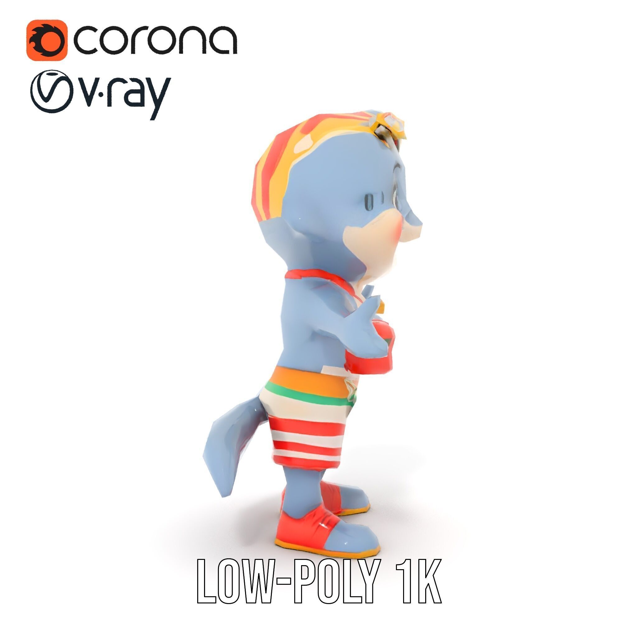 Smiling Dolphin Character in Shorts with Lifebuoy Rigged and ... Low-poly 3D model_8