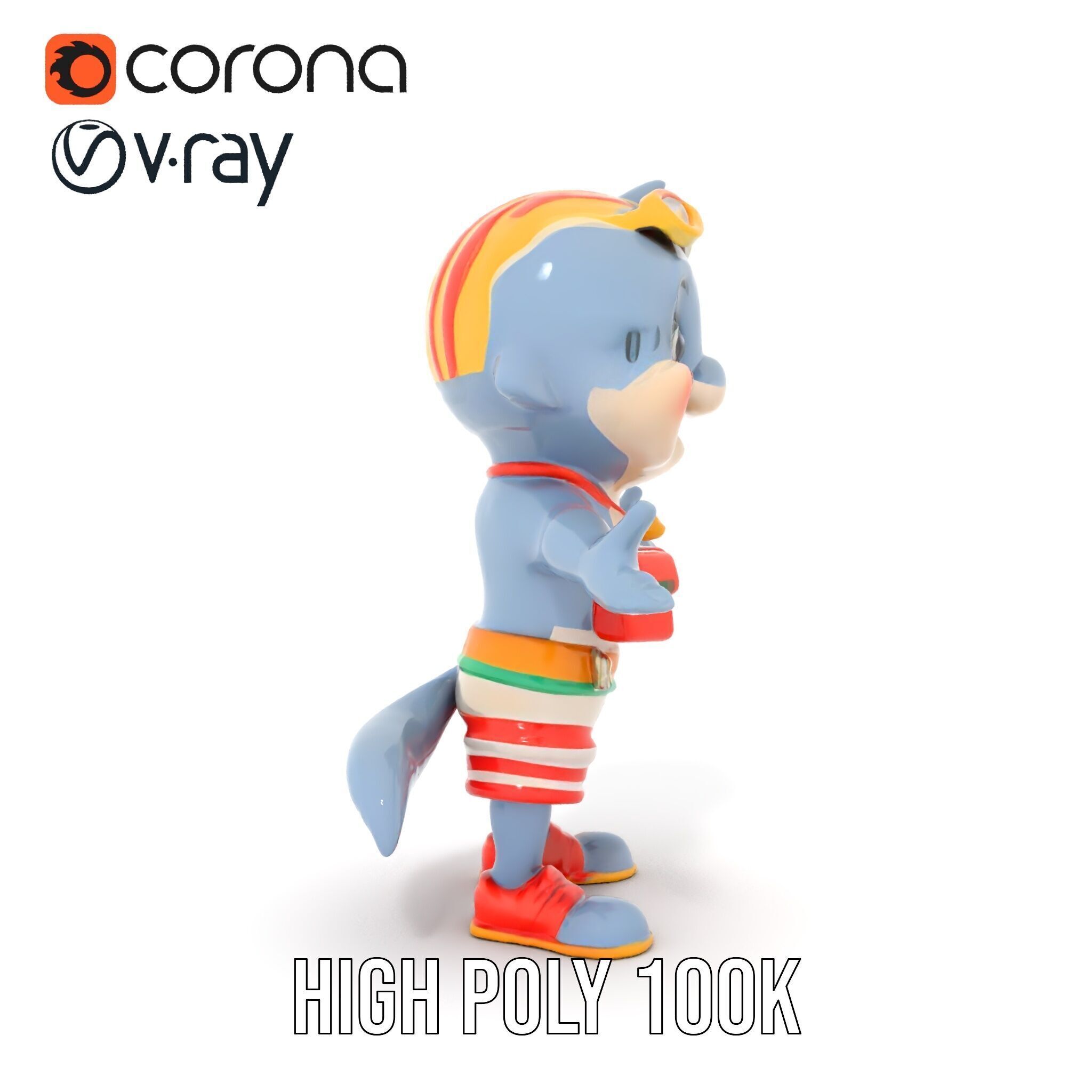 Smiling Dolphin Character in Shorts with Lifebuoy Rigged and ... Low-poly 3D model_20