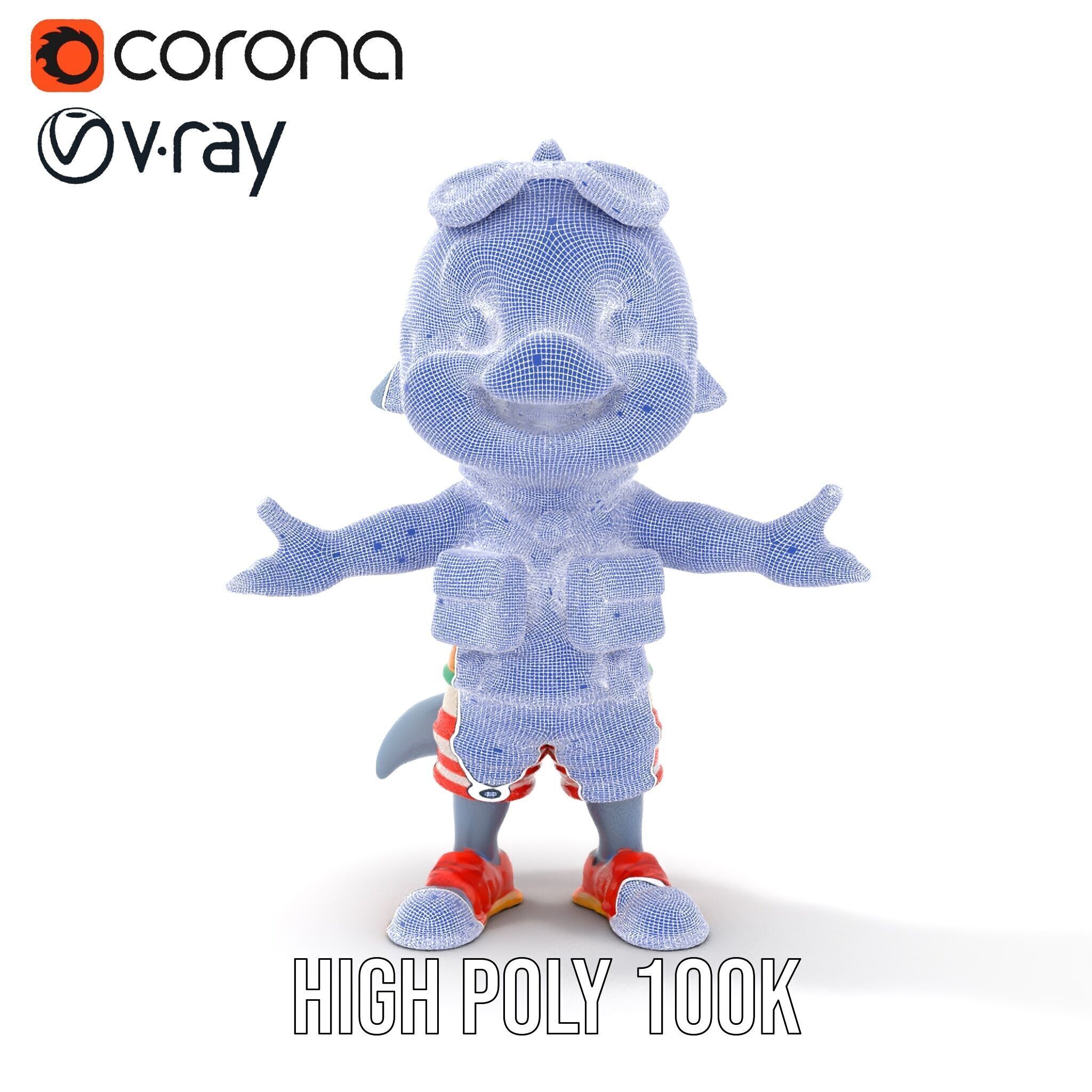 Smiling Dolphin Character in Shorts with Lifebuoy Rigged and ... Low-poly 3D model_35