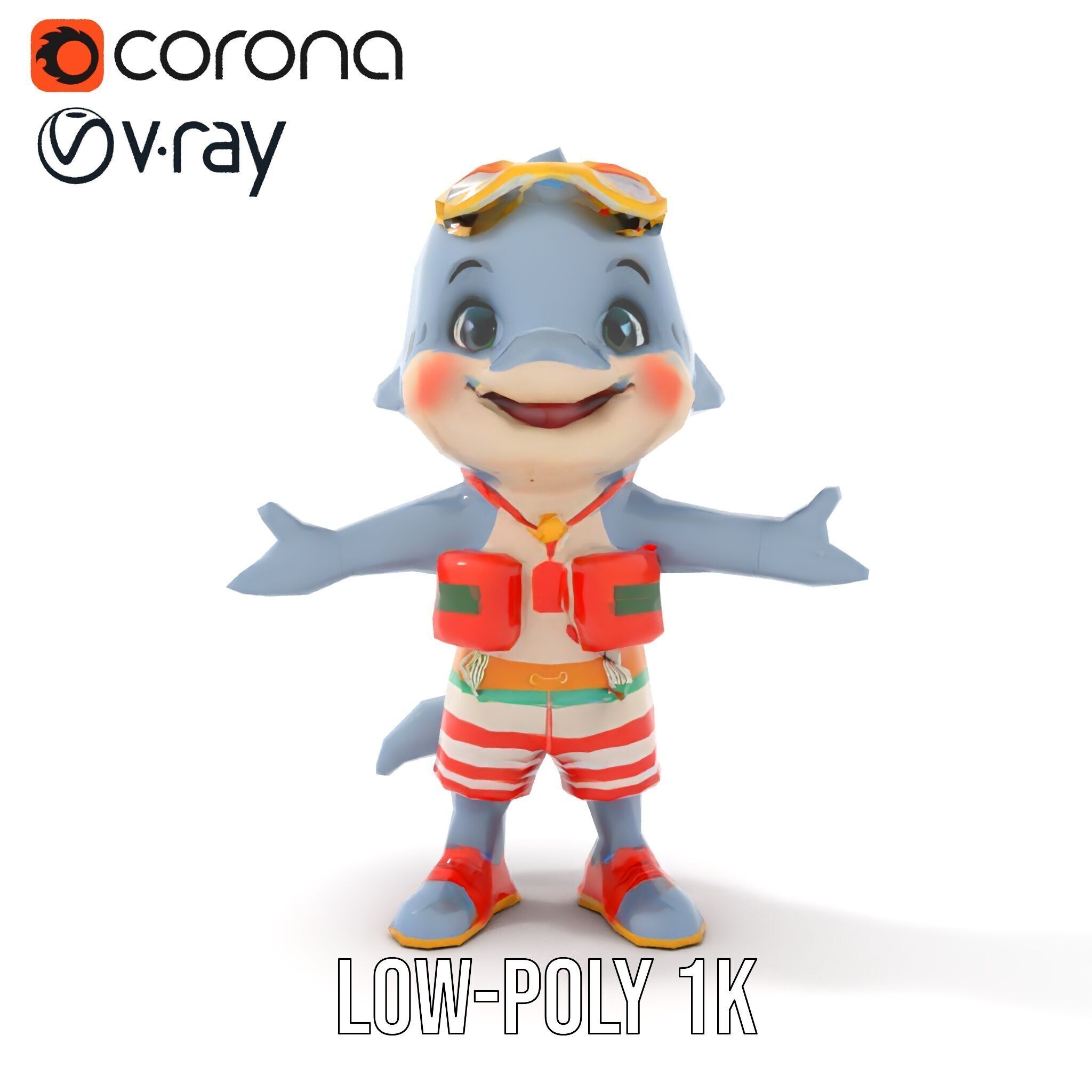 Smiling Dolphin Character in Shorts with Lifebuoy Rigged and ... Low-poly 3D model_11