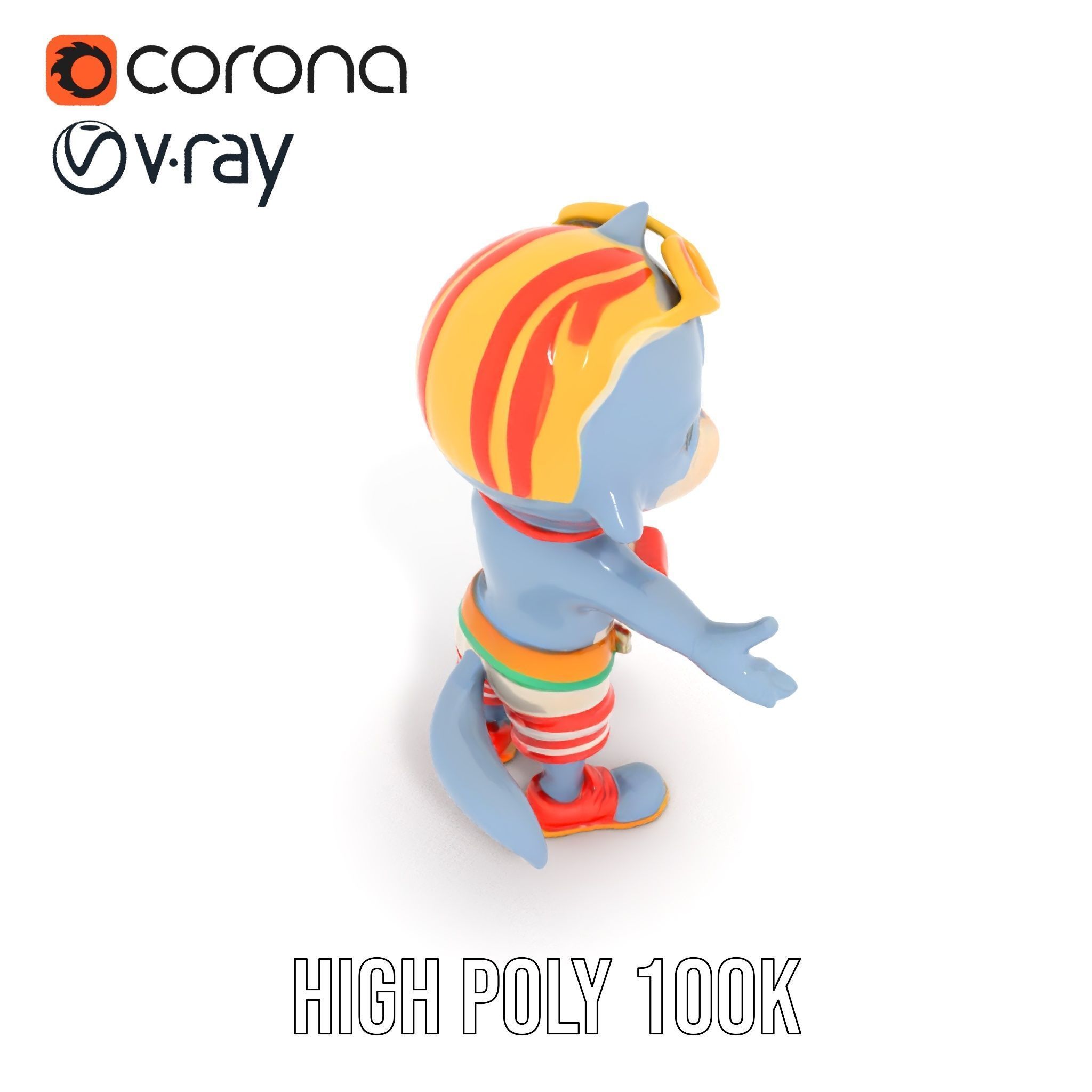 Smiling Dolphin Character in Shorts with Lifebuoy Rigged and ... Low-poly 3D model_12