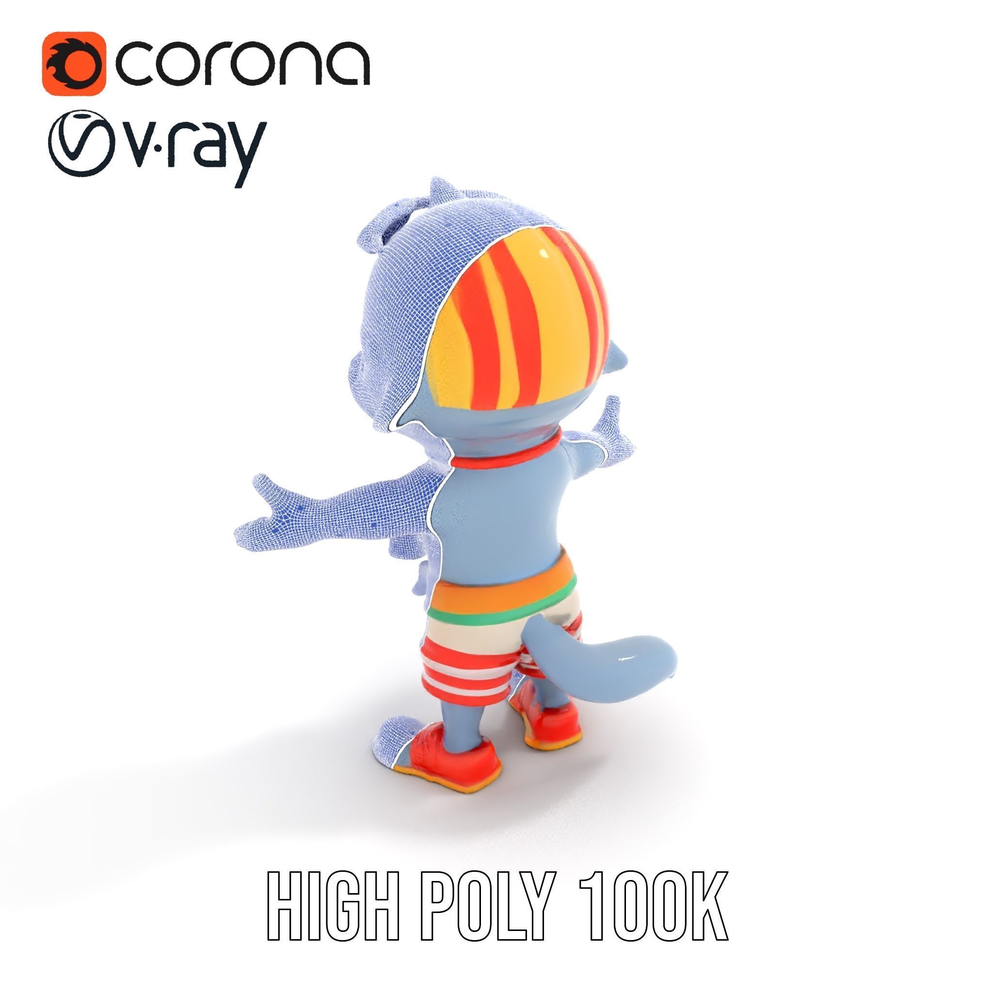 Smiling Dolphin Character in Shorts with Lifebuoy Rigged and ... Low-poly 3D model_33