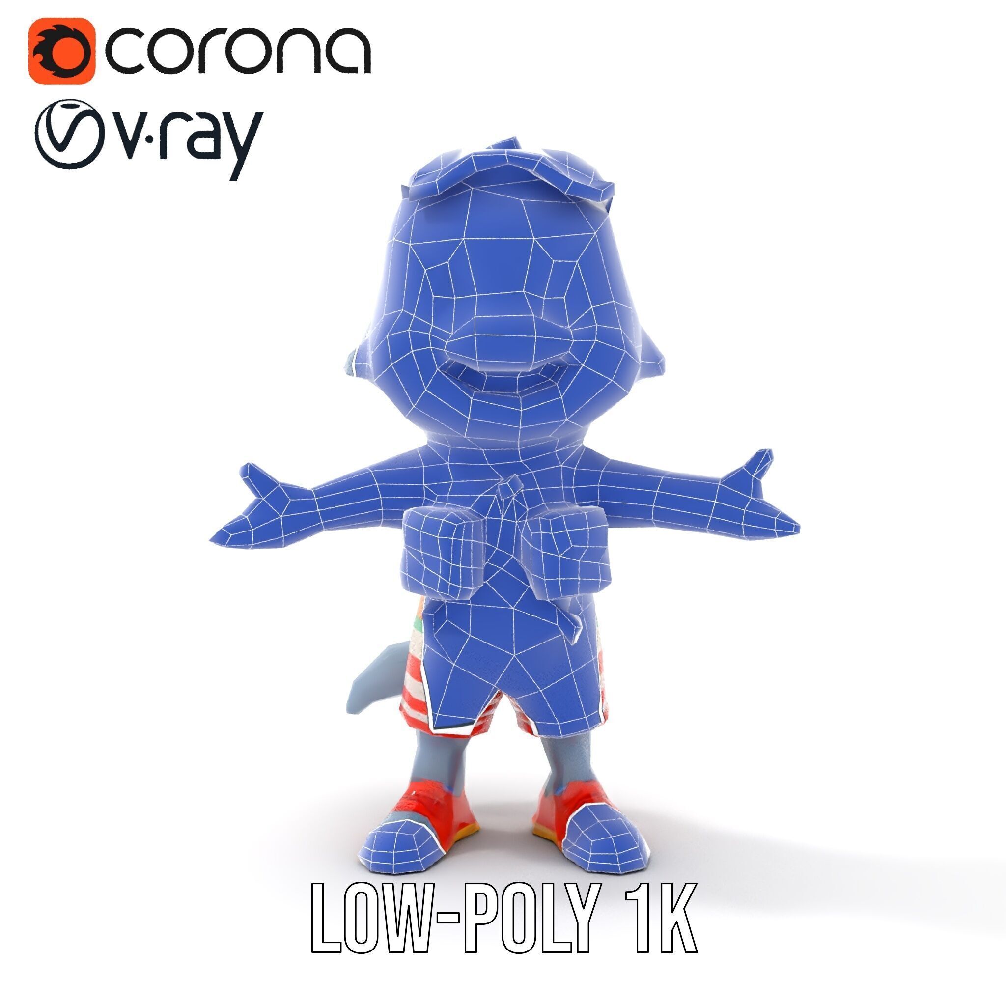 Smiling Dolphin Character in Shorts with Lifebuoy Rigged and ... Low-poly 3D model_17