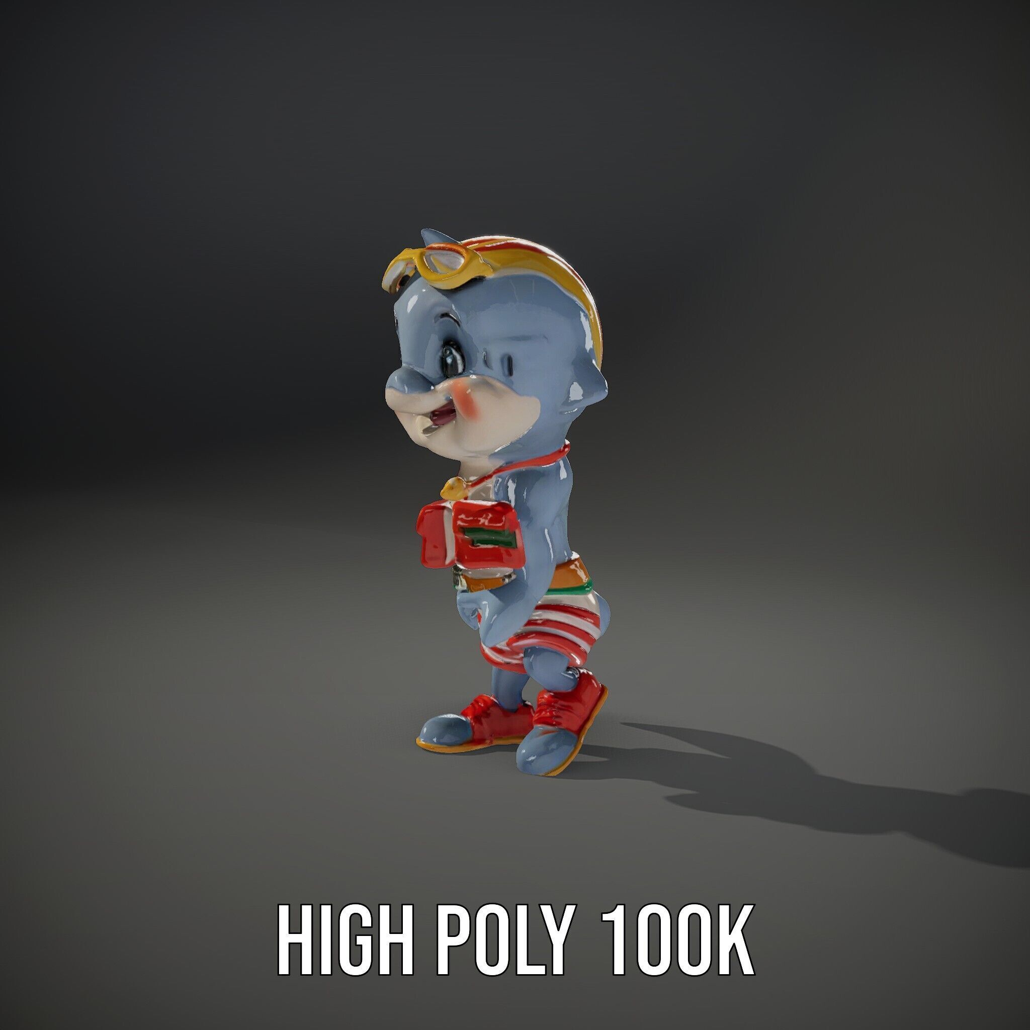 Smiling Dolphin Character in Shorts with Lifebuoy Rigged and ... Low-poly 3D model_23