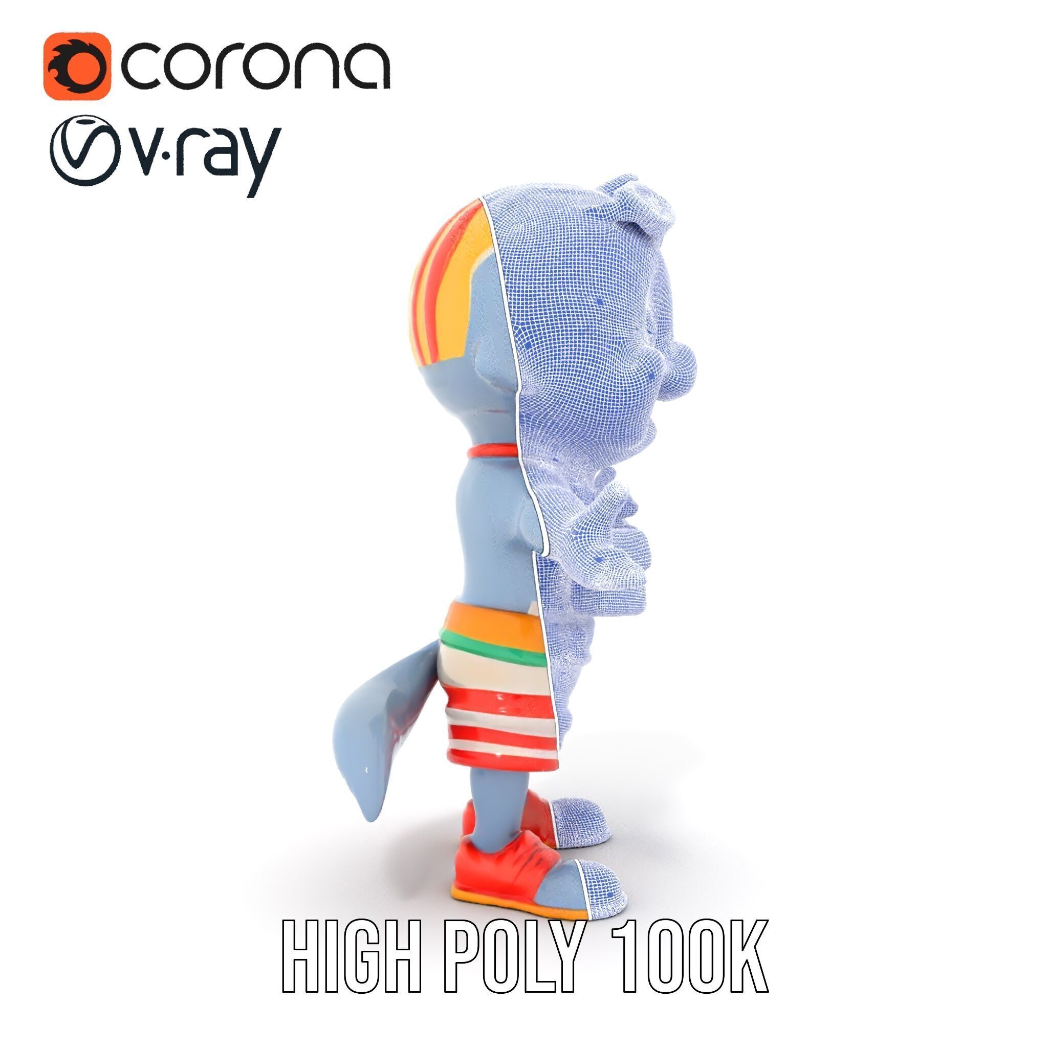 Smiling Dolphin Character in Shorts with Lifebuoy Rigged and ... Low-poly 3D model_36