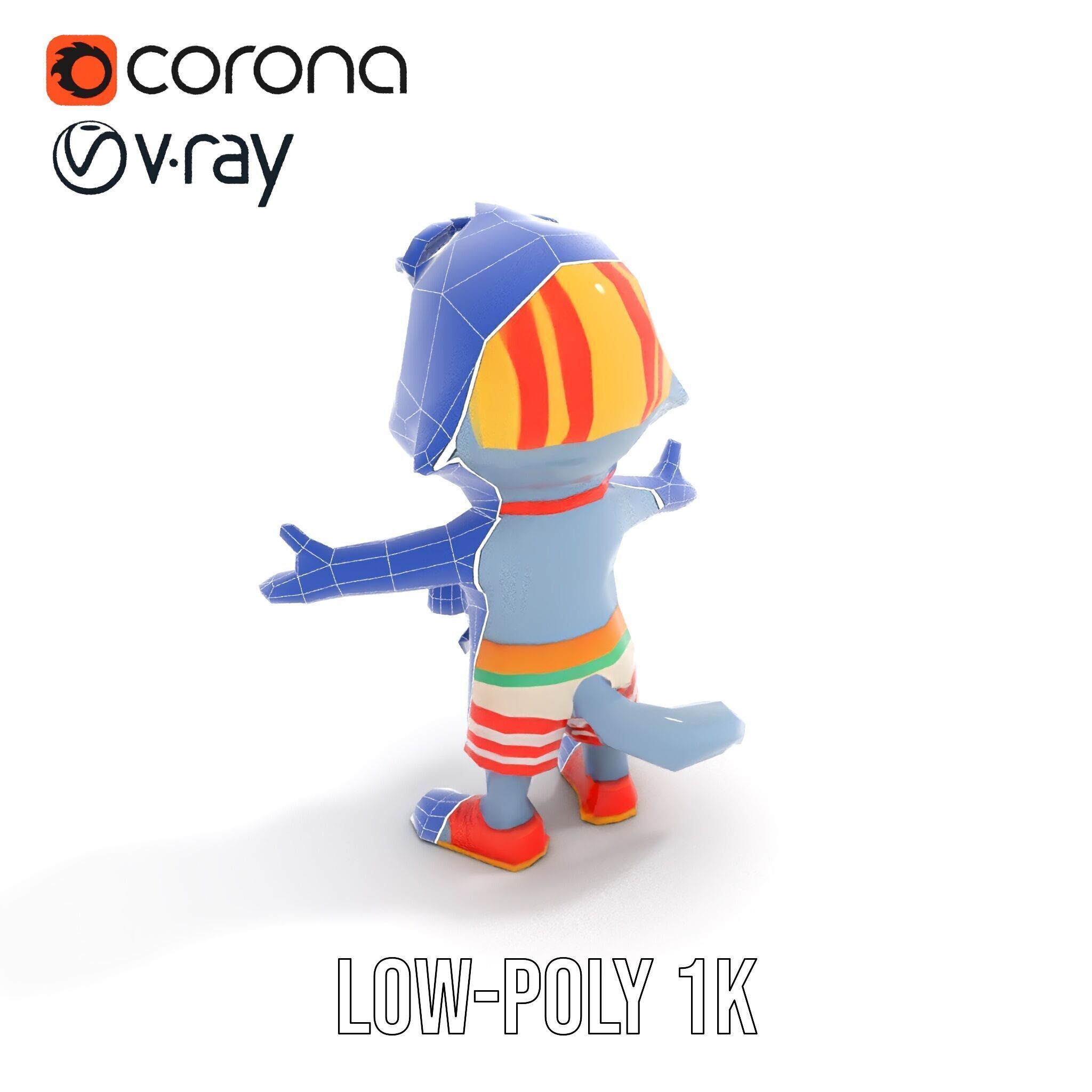 Smiling Dolphin Character in Shorts with Lifebuoy Rigged and ... Low-poly 3D model_28
