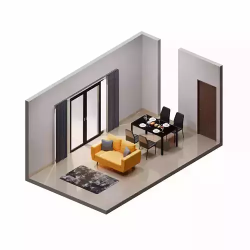 Isometric Living Dining Room With Black Furniture 
