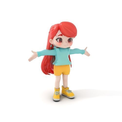 Animated Rigged D Model of Cheerful Girl Character with Red Hair Low-poly 3D model