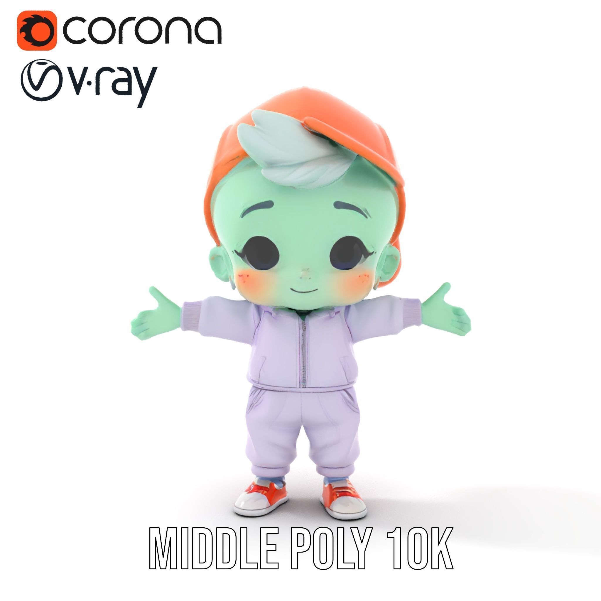Cute Alien Kid with Baseball Cap Rigged and Animated Low-poly 3D model_19