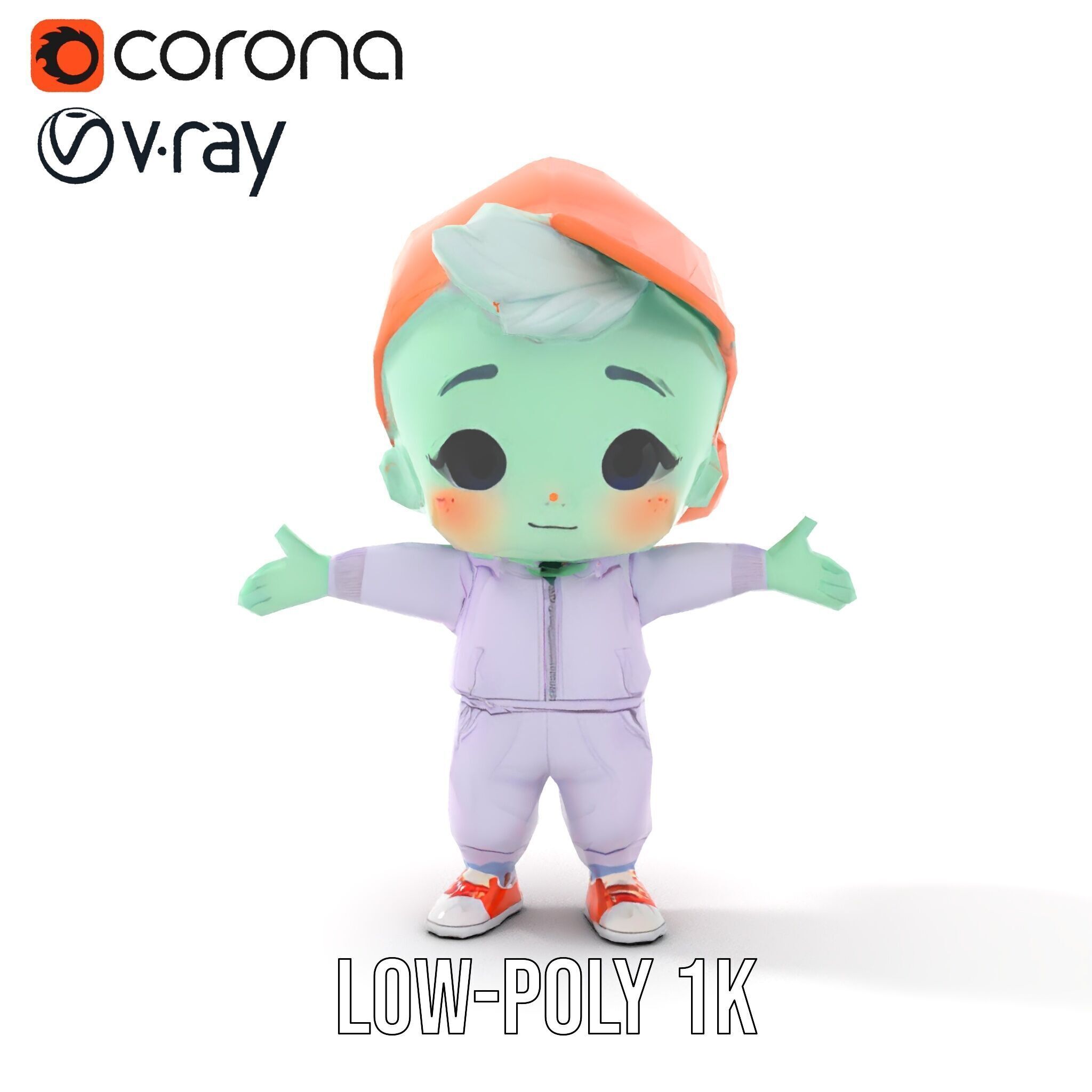 Cute Alien Kid with Baseball Cap Rigged and Animated Low-poly 3D model_8