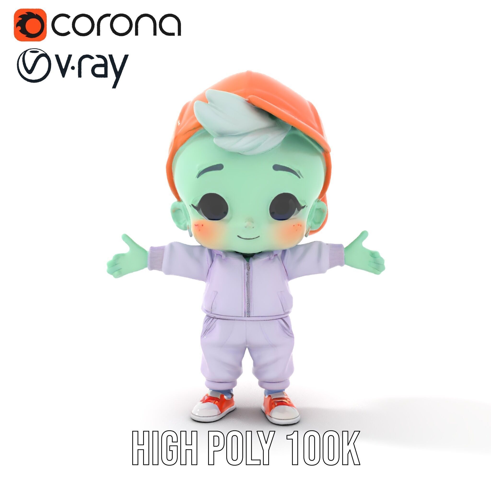 Cute Alien Kid with Baseball Cap Rigged and Animated Low-poly 3D model_13