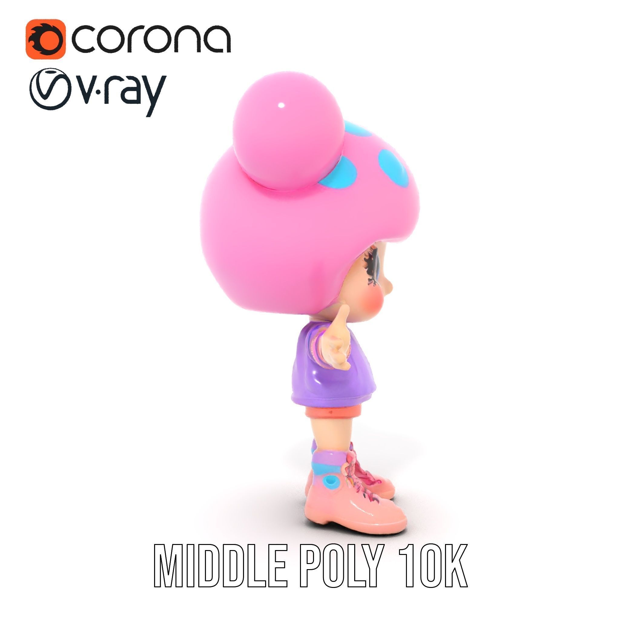 Cute Cartoon Character with Pink Hair and Polka Dots Rigged ... Low-poly 3D model_18