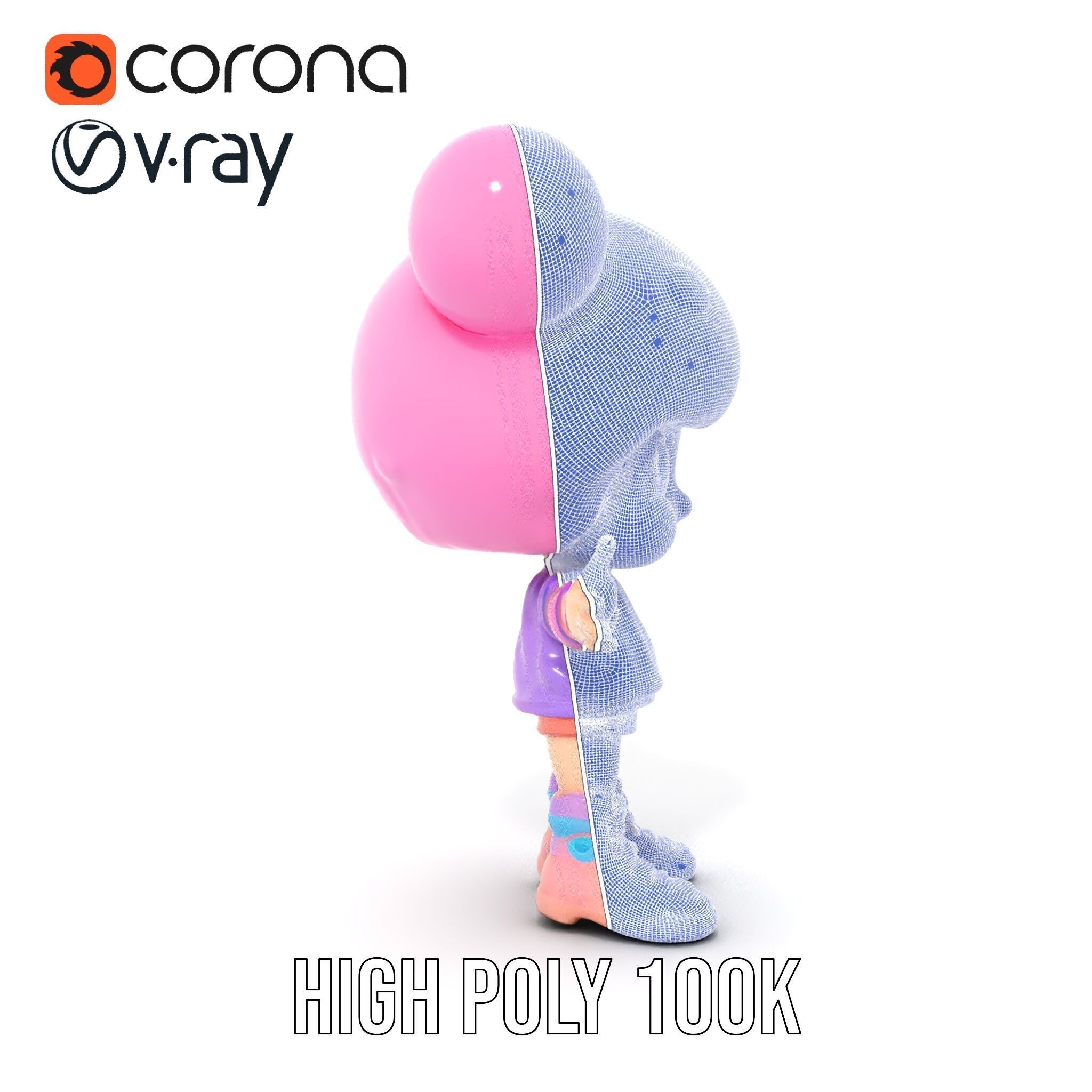 Cute Cartoon Character with Pink Hair and Polka Dots Rigged ... Low-poly 3D model_33