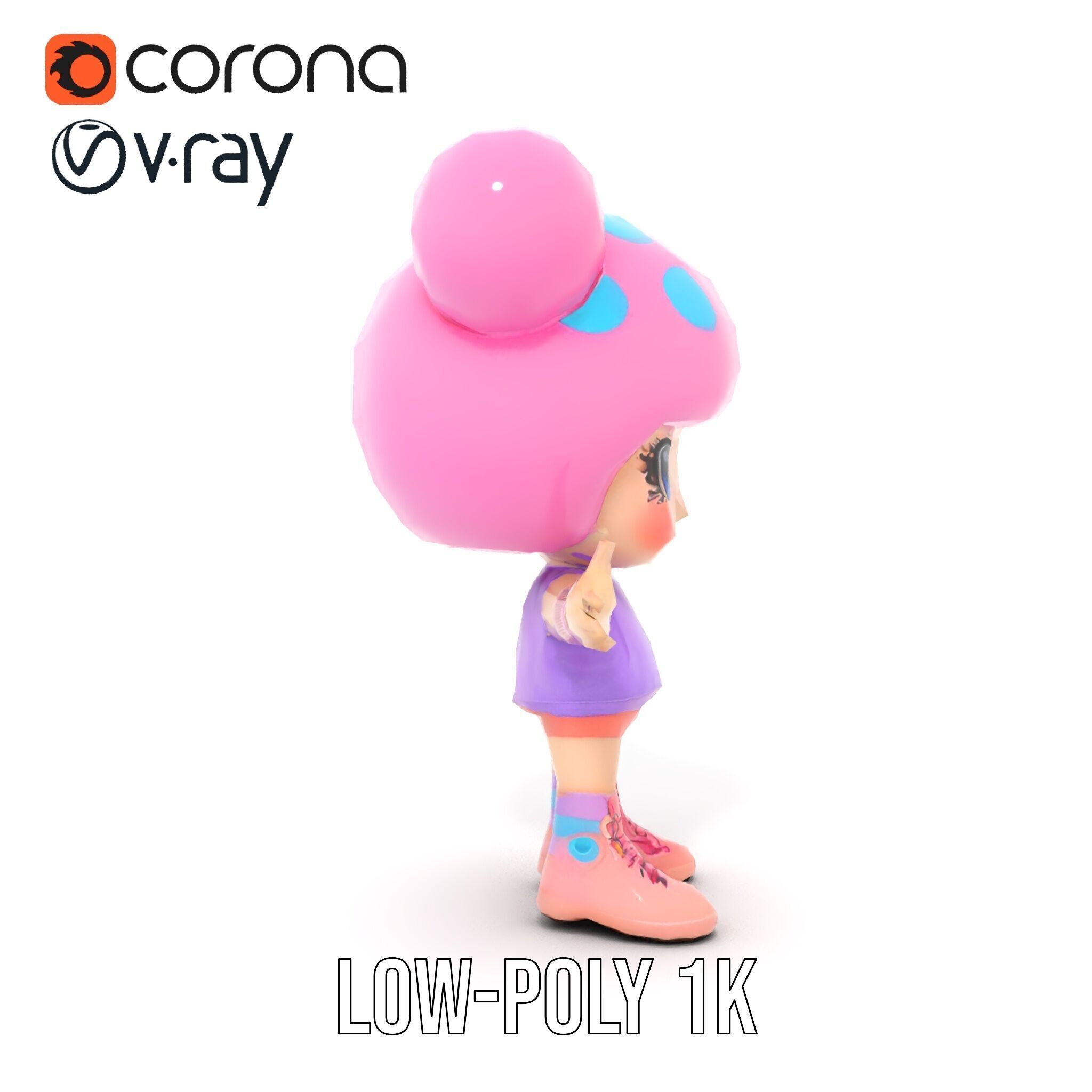 Cute Cartoon Character with Pink Hair and Polka Dots Rigged ... Low-poly 3D model_8