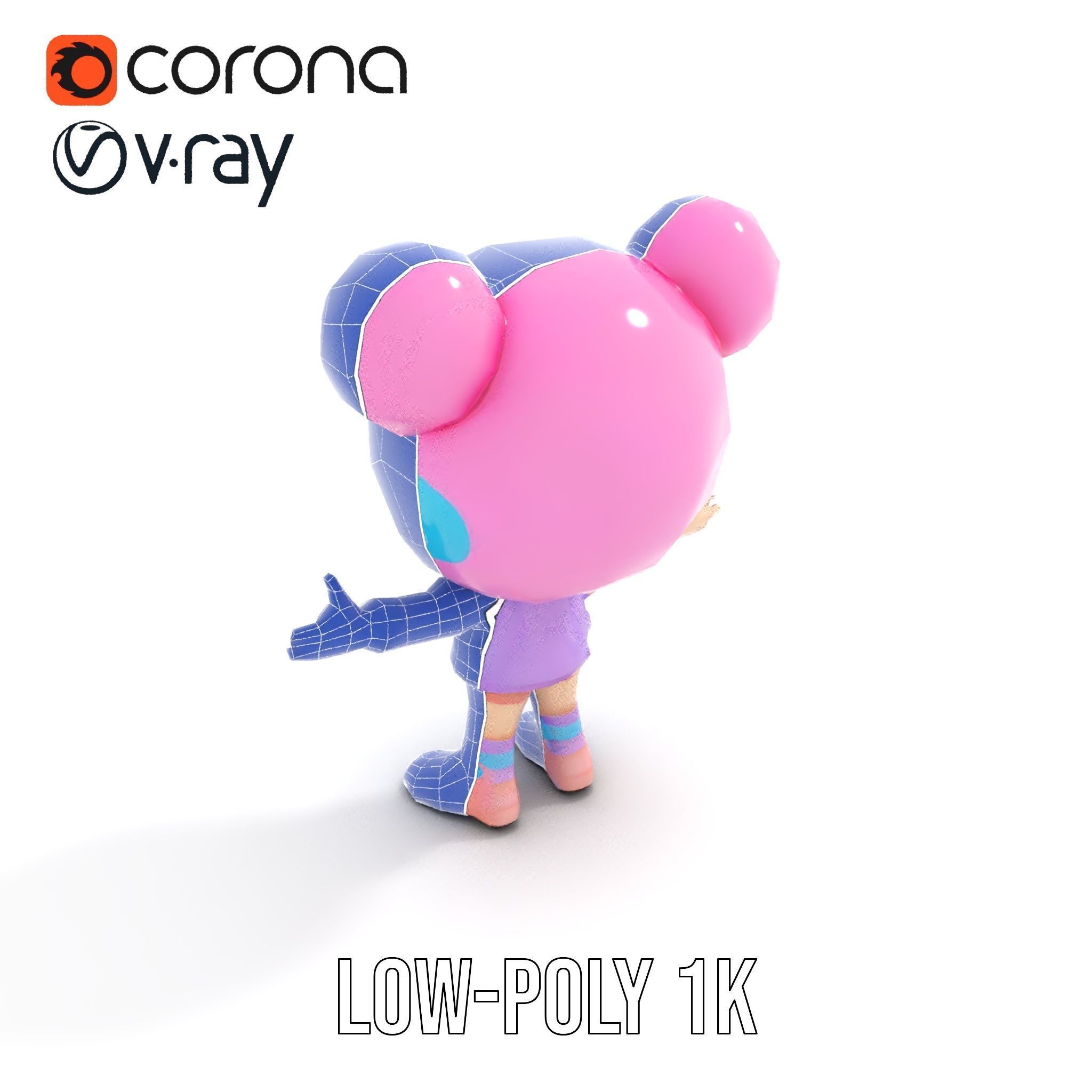 Cute Cartoon Character with Pink Hair and Polka Dots Rigged ... Low-poly 3D model_11