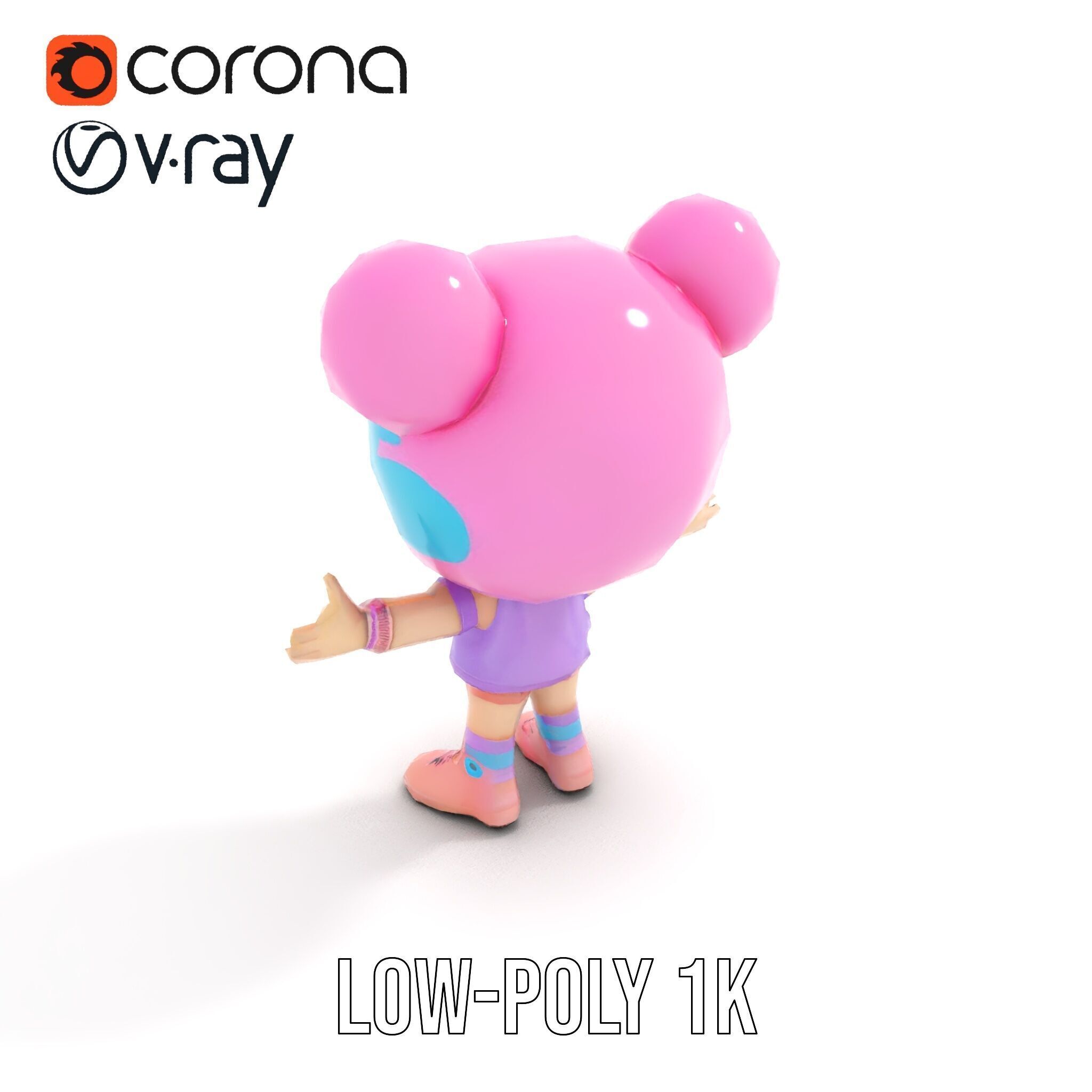 Cute Cartoon Character with Pink Hair and Polka Dots Rigged ... Low-poly 3D model_22