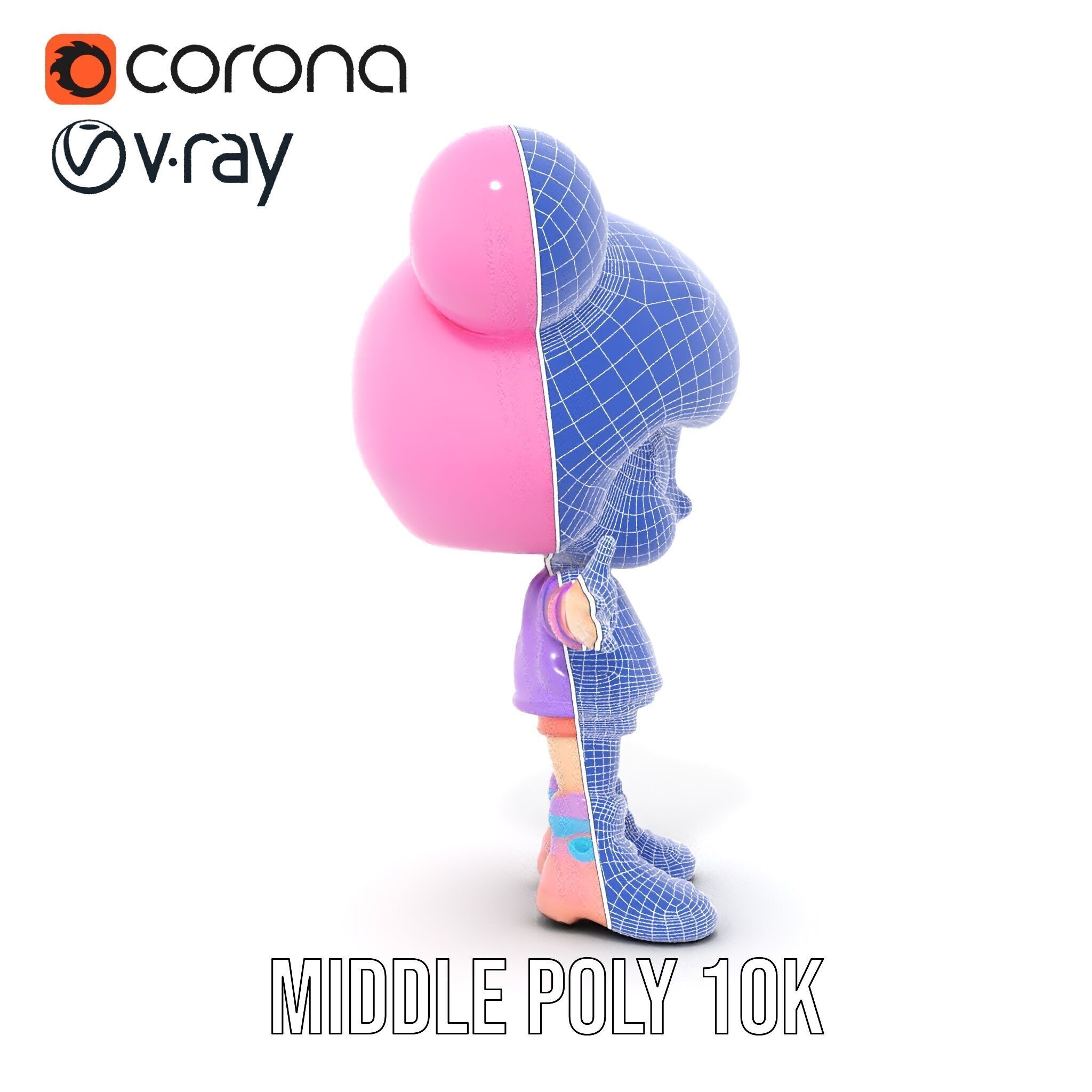 Cute Cartoon Character with Pink Hair and Polka Dots Rigged ... Low-poly 3D model_24