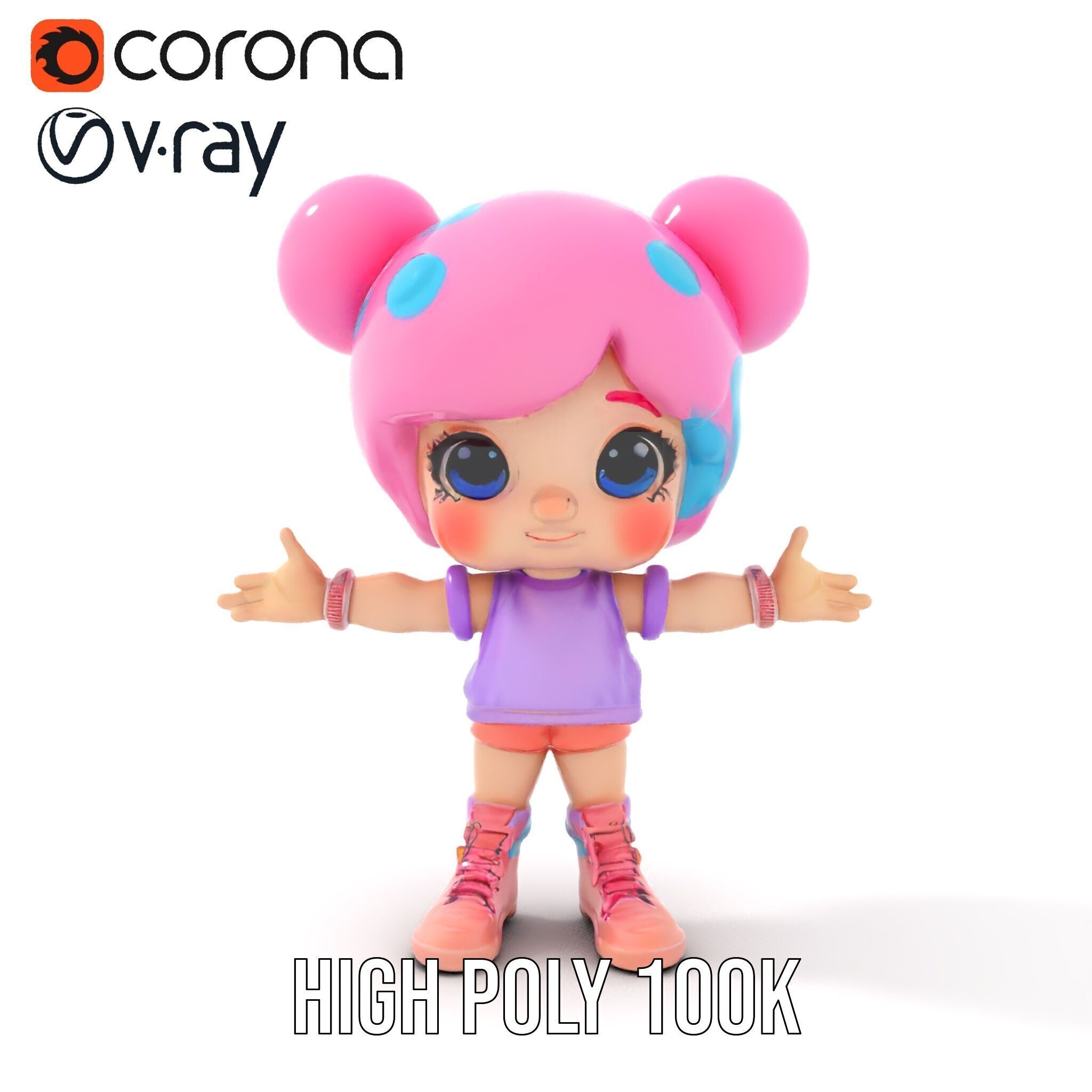Cute Cartoon Character with Pink Hair and Polka Dots Rigged ... Low-poly 3D model_20