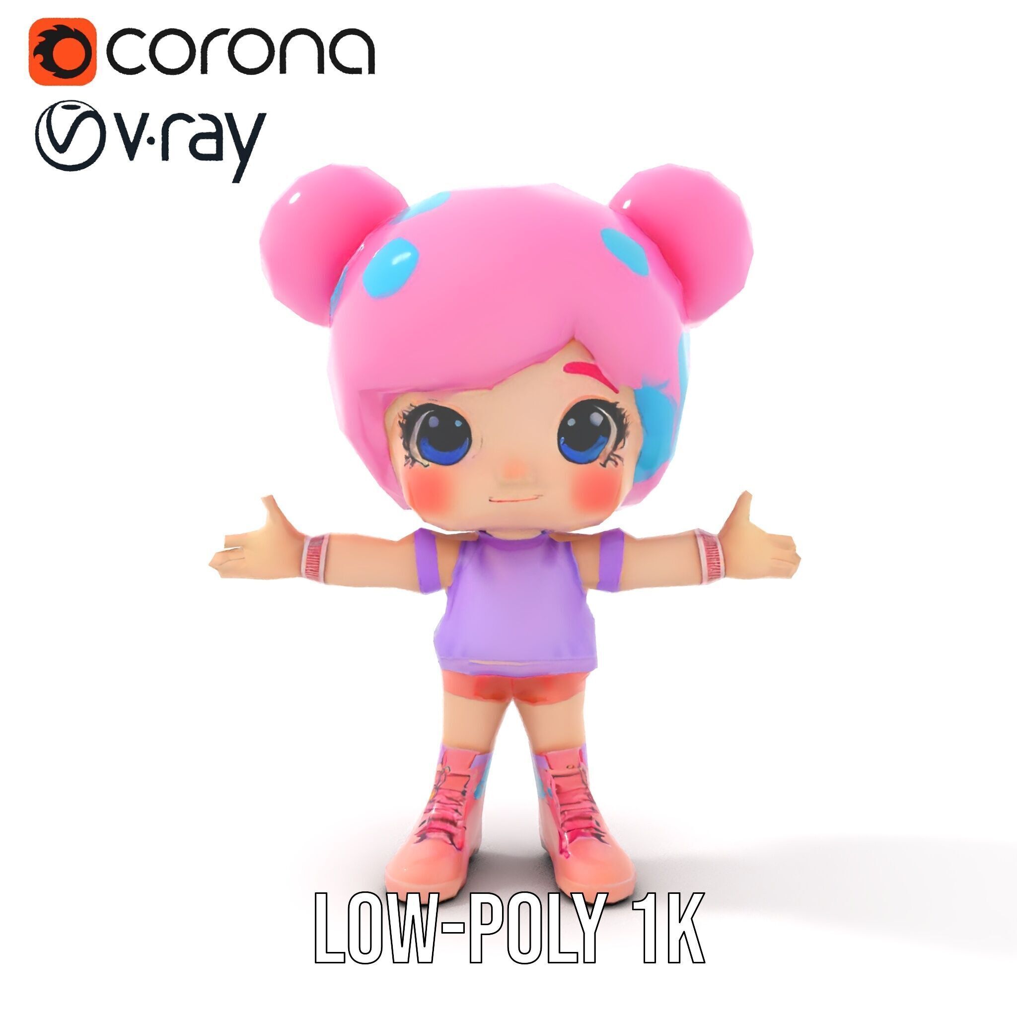 Cute Cartoon Character with Pink Hair and Polka Dots Rigged ... Low-poly 3D model_27