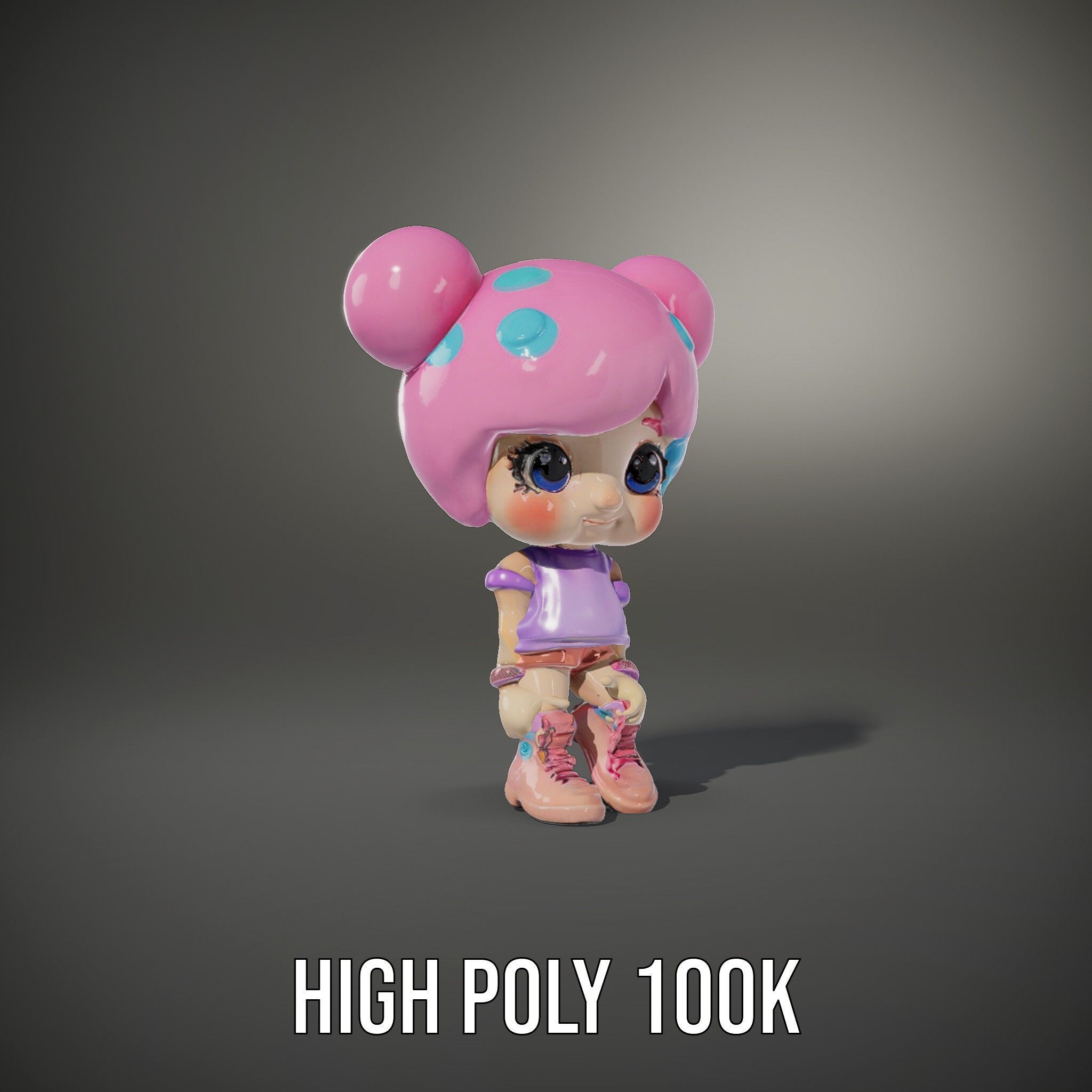 Cute Cartoon Character with Pink Hair and Polka Dots Rigged ... Low-poly 3D model_12