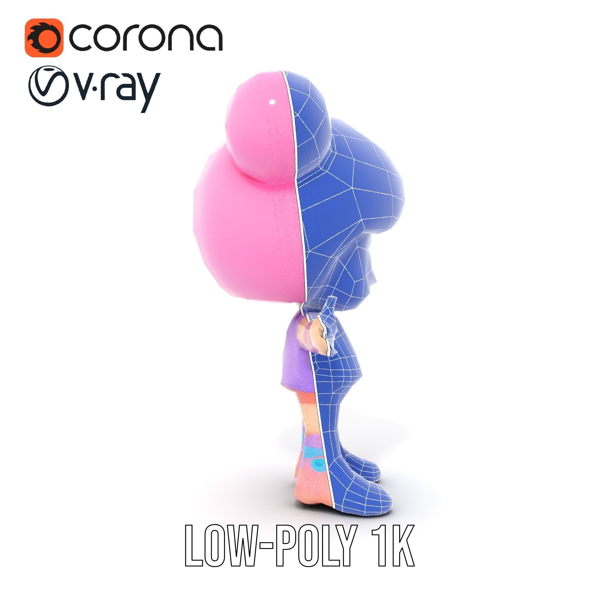 Cute Cartoon Character with Pink Hair and Polka Dots Rigged ... Low-poly 3D model_30