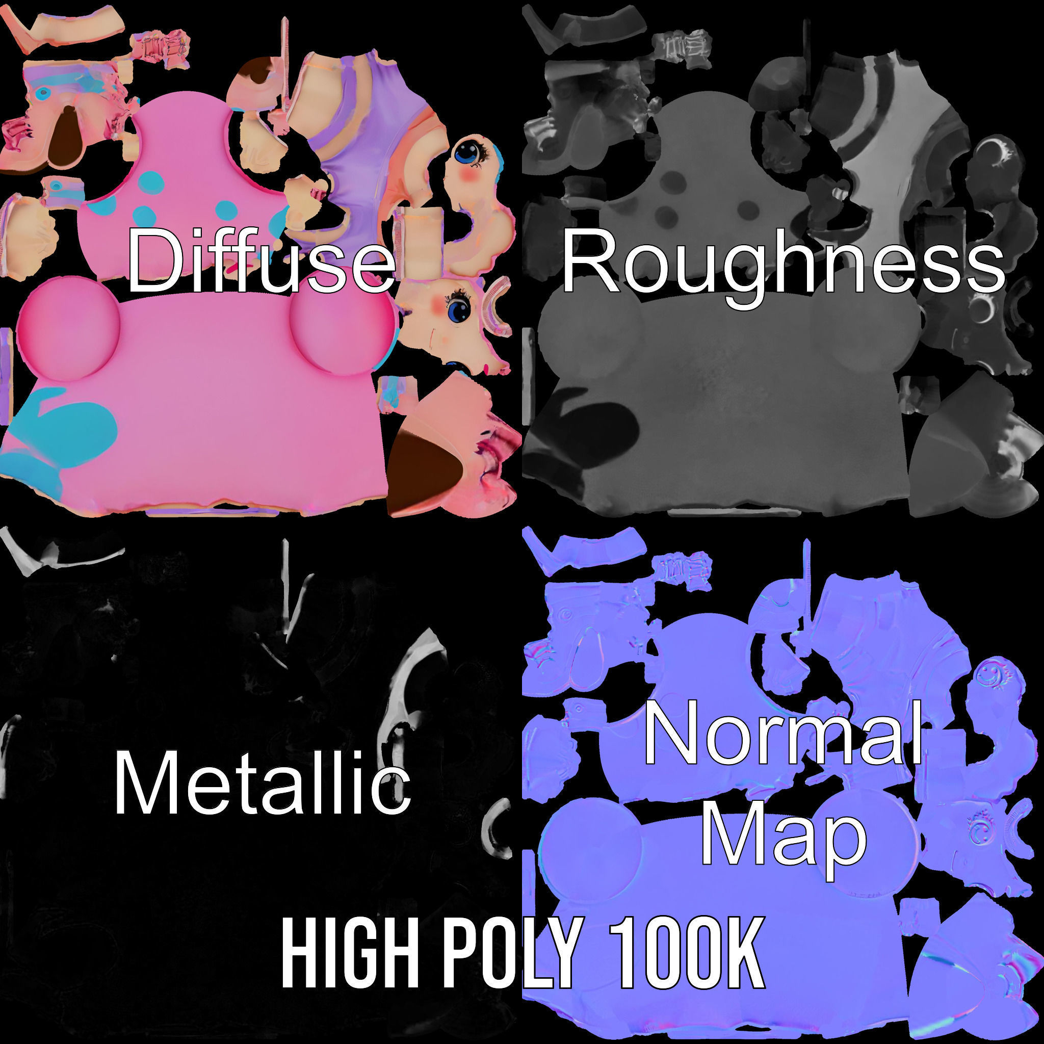 Cute Cartoon Character with Pink Hair and Polka Dots Rigged ... Low-poly 3D model_3