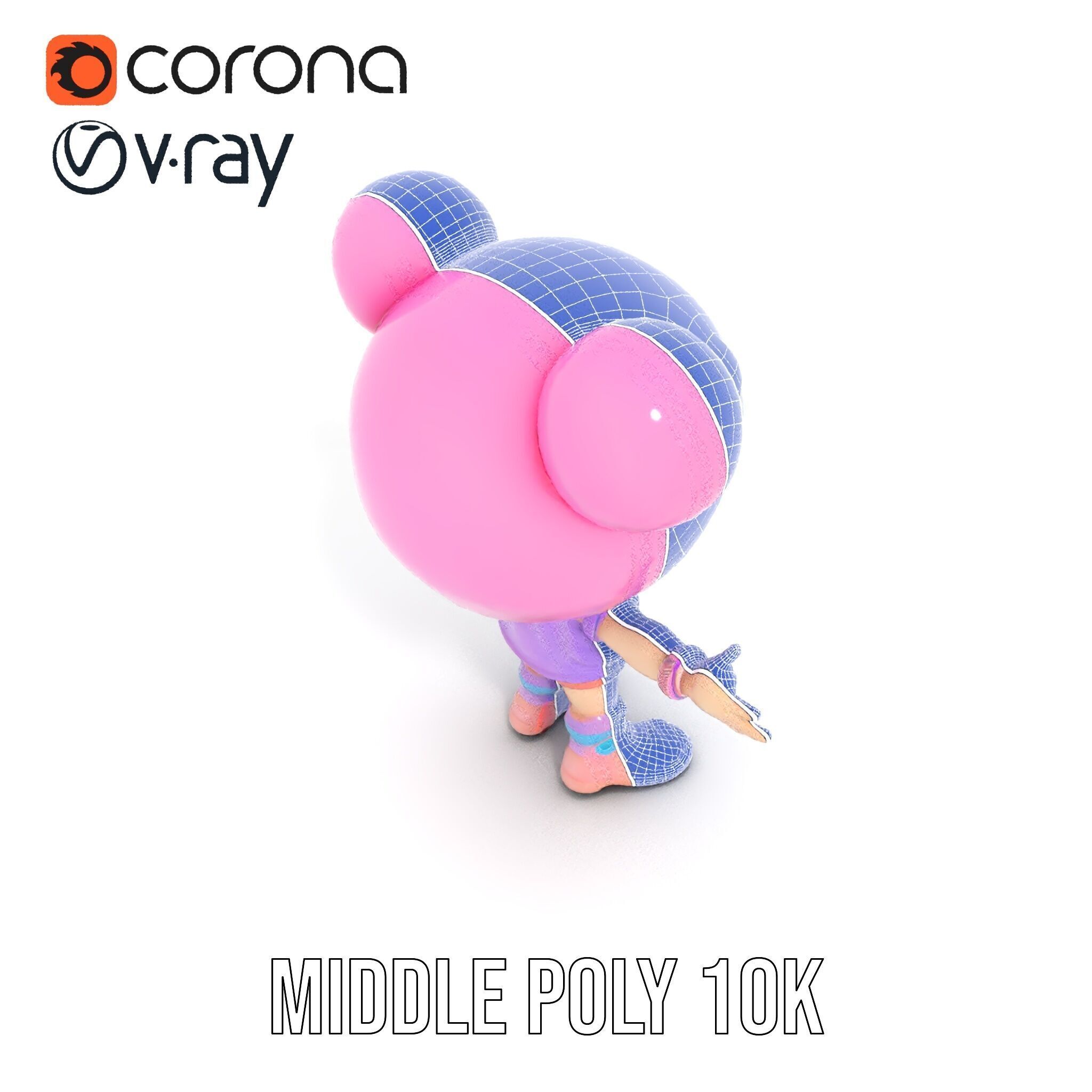 Cute Cartoon Character with Pink Hair and Polka Dots Rigged ... Low-poly 3D model_13