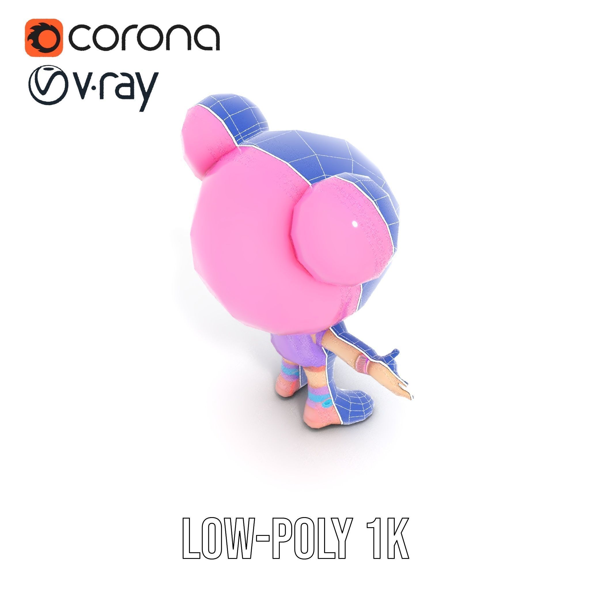 Cute Cartoon Character with Pink Hair and Polka Dots Rigged ... Low-poly 3D model_19