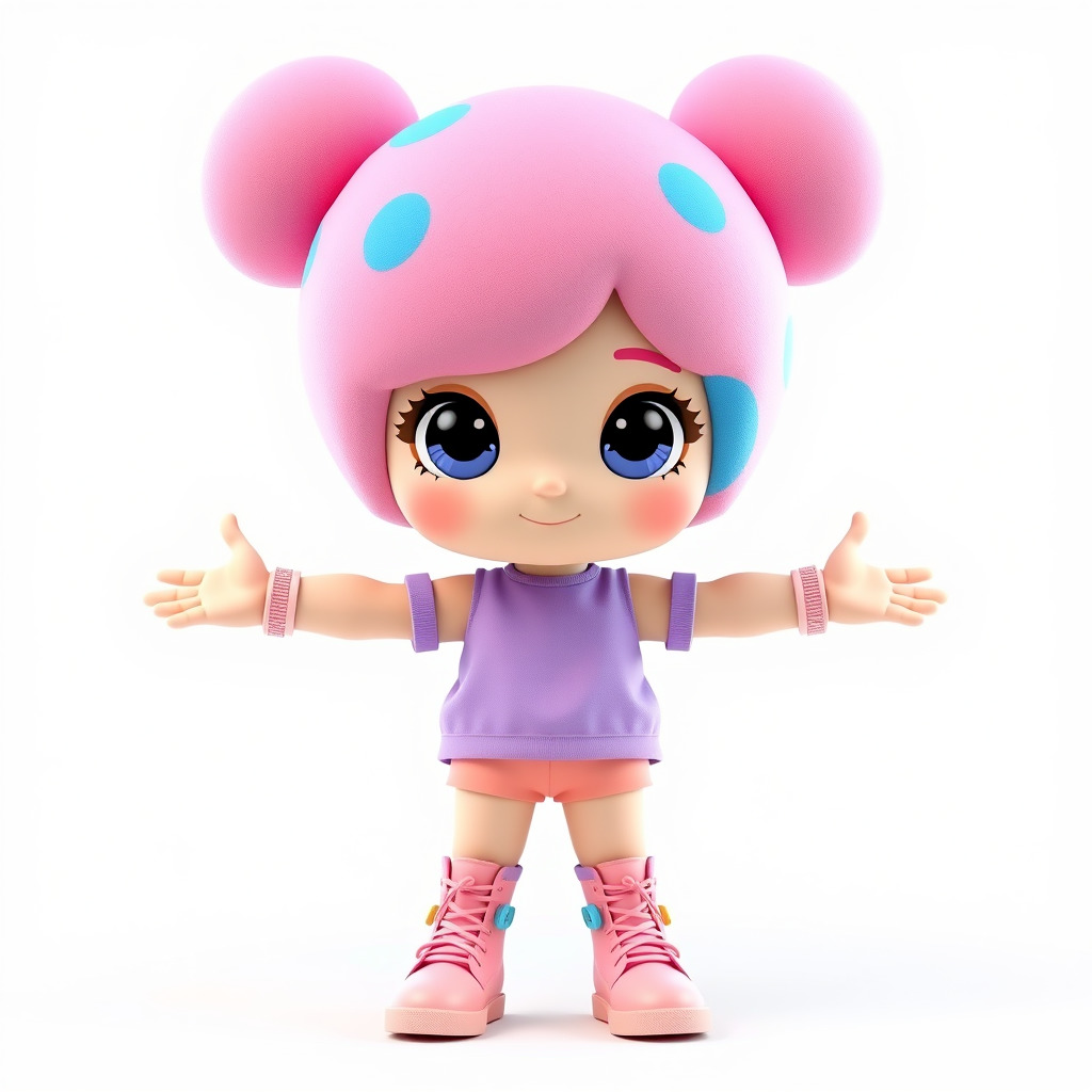 Cute Cartoon Character with Pink Hair and Polka Dots Rigged ... Low-poly 3D model_2