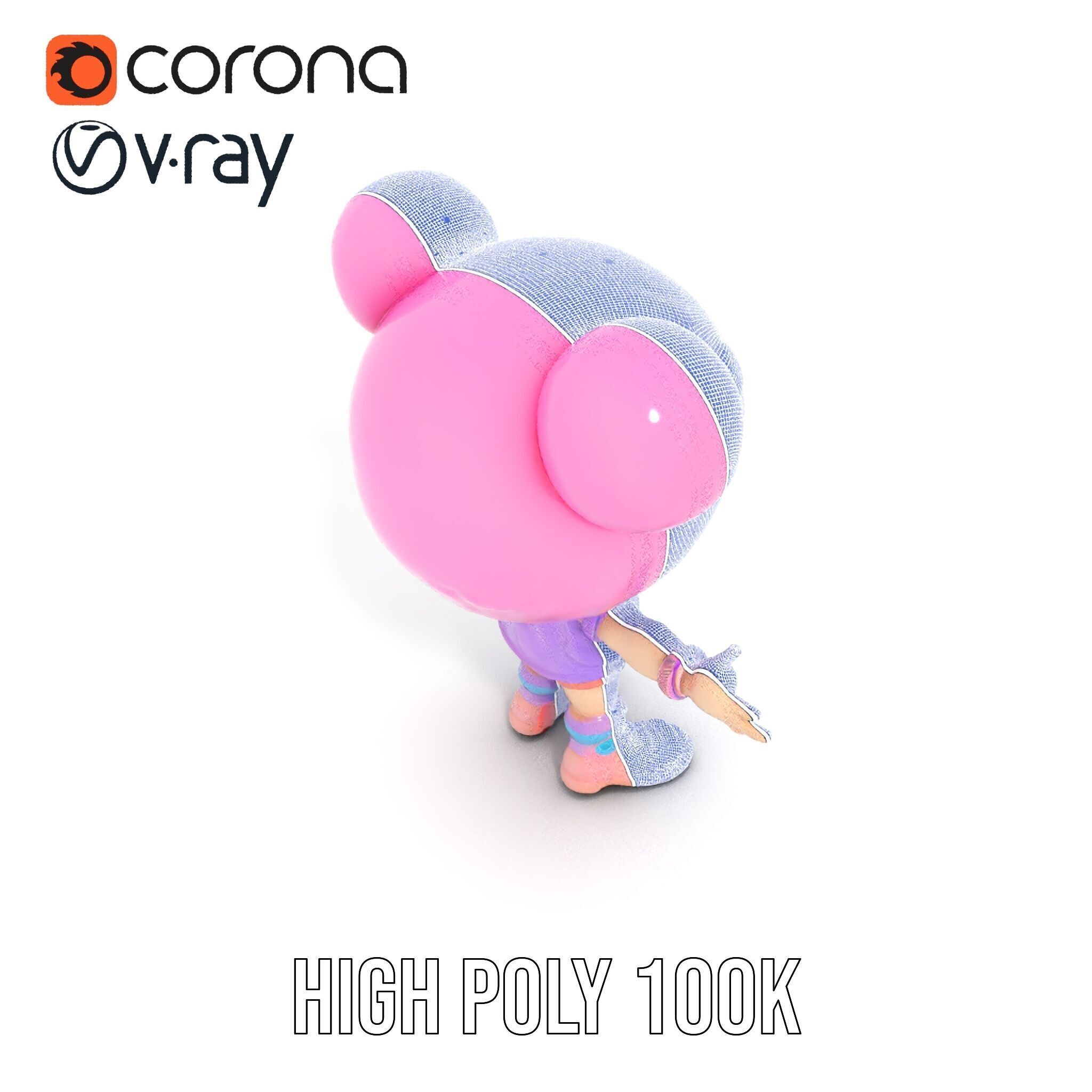 Cute Cartoon Character with Pink Hair and Polka Dots Rigged ... Low-poly 3D model_35