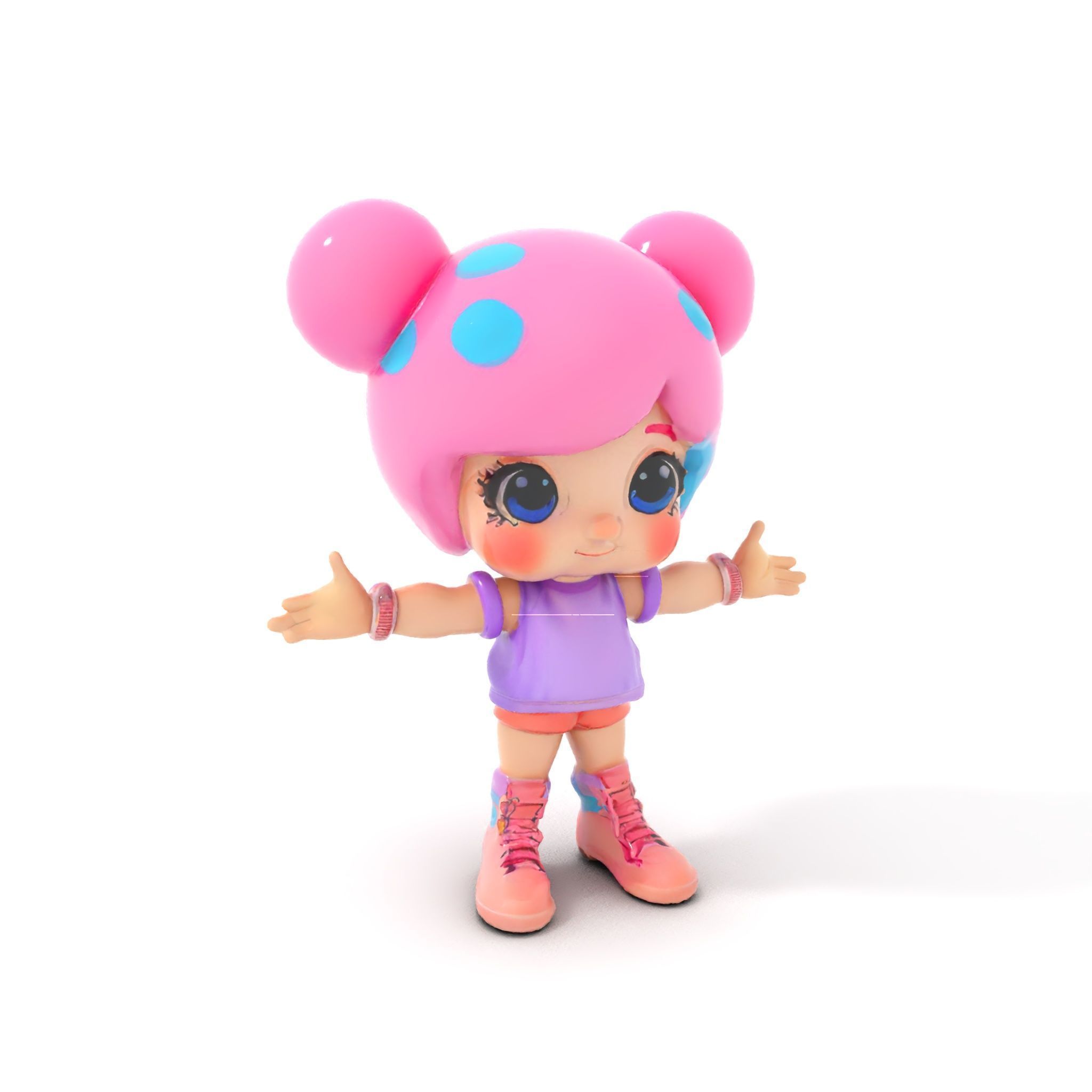 Cute Cartoon Character with Pink Hair and Polka Dots Rigged ... Low-poly 3D model_10