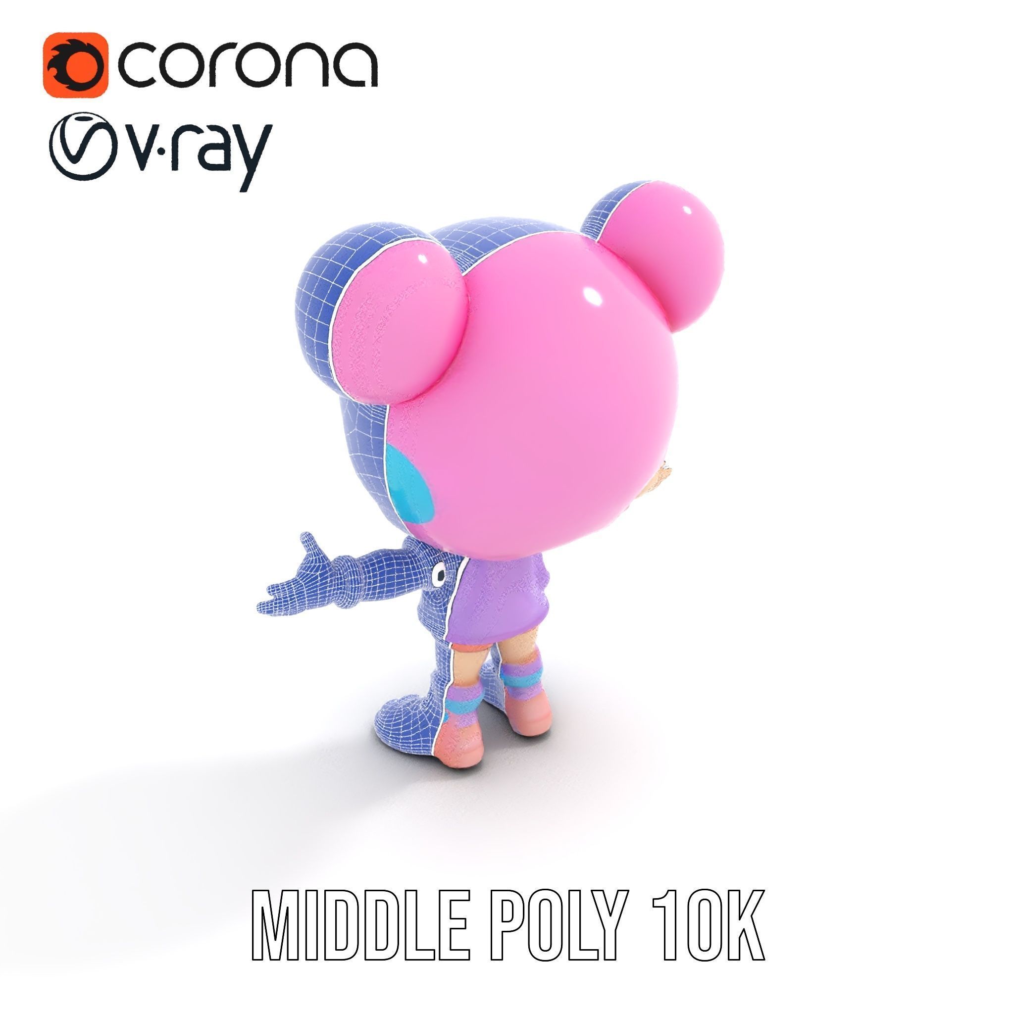 Cute Cartoon Character with Pink Hair and Polka Dots Rigged ... Low-poly 3D model_32