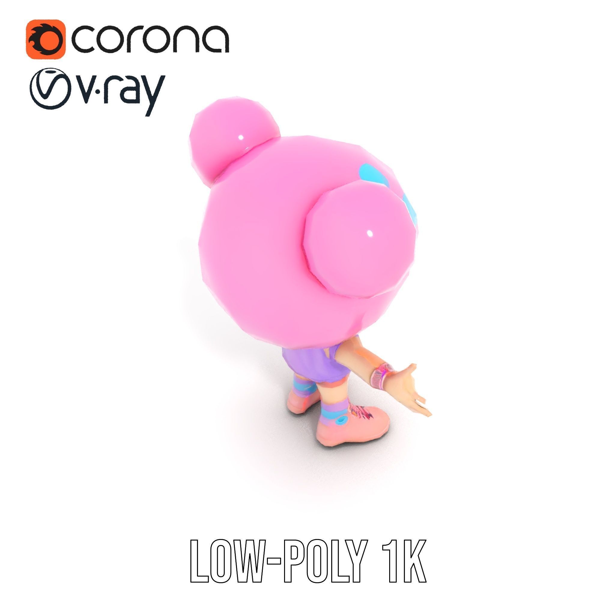 Cute Cartoon Character with Pink Hair and Polka Dots Rigged ... Low-poly 3D model_14