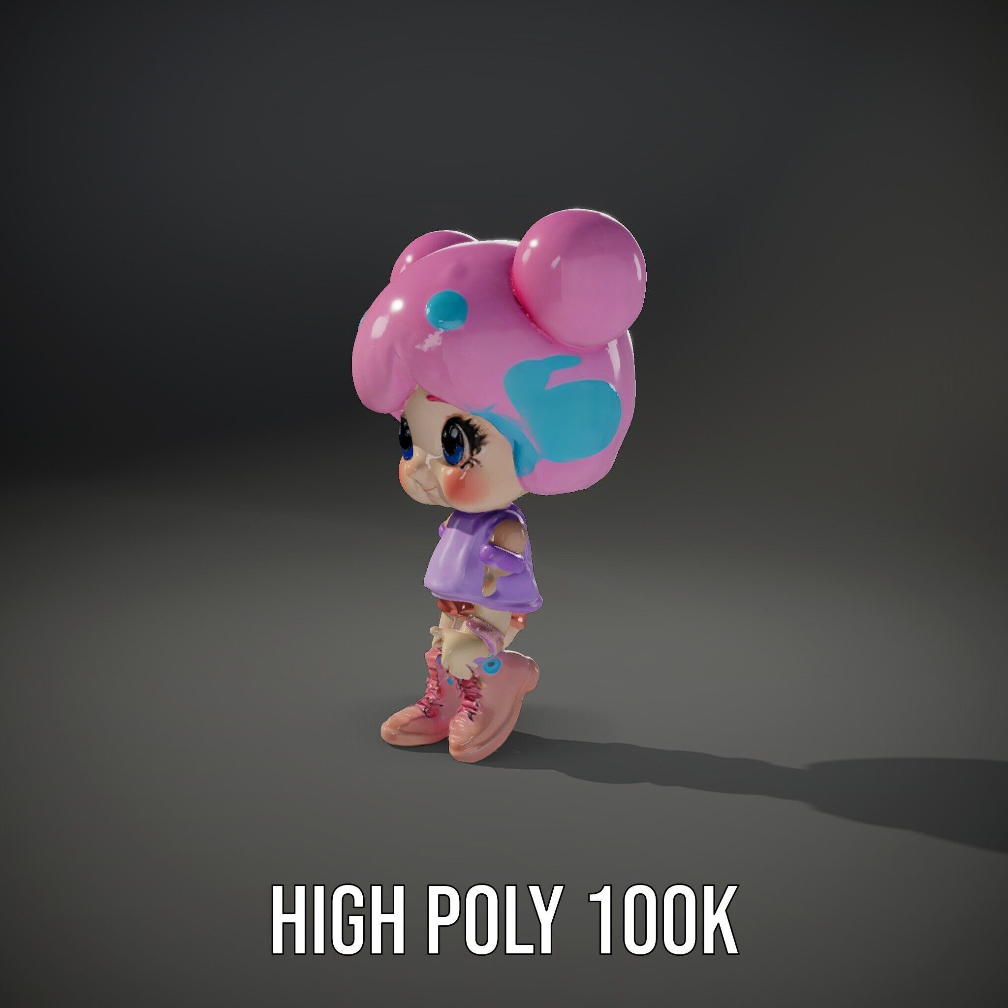 Cute Cartoon Character with Pink Hair and Polka Dots Rigged ... Low-poly 3D model_9