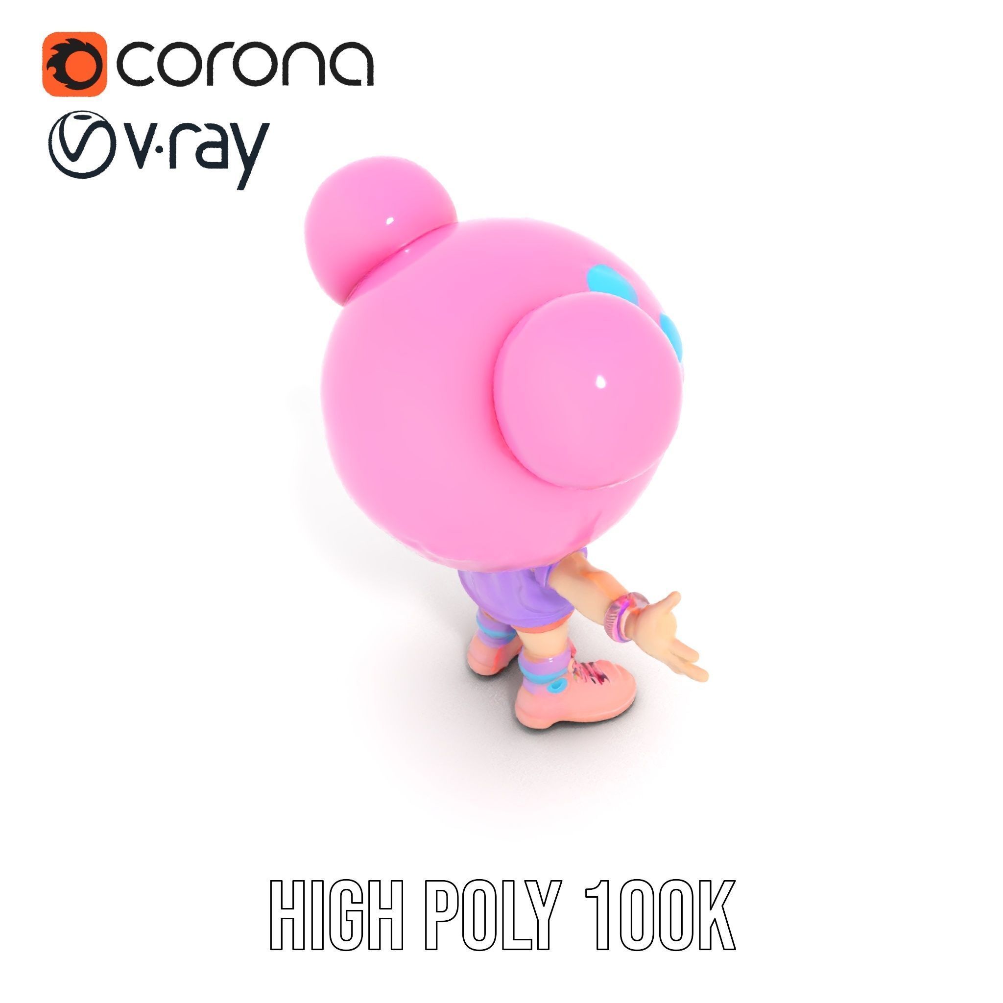 Cute Cartoon Character with Pink Hair and Polka Dots Rigged ... Low-poly 3D model_17