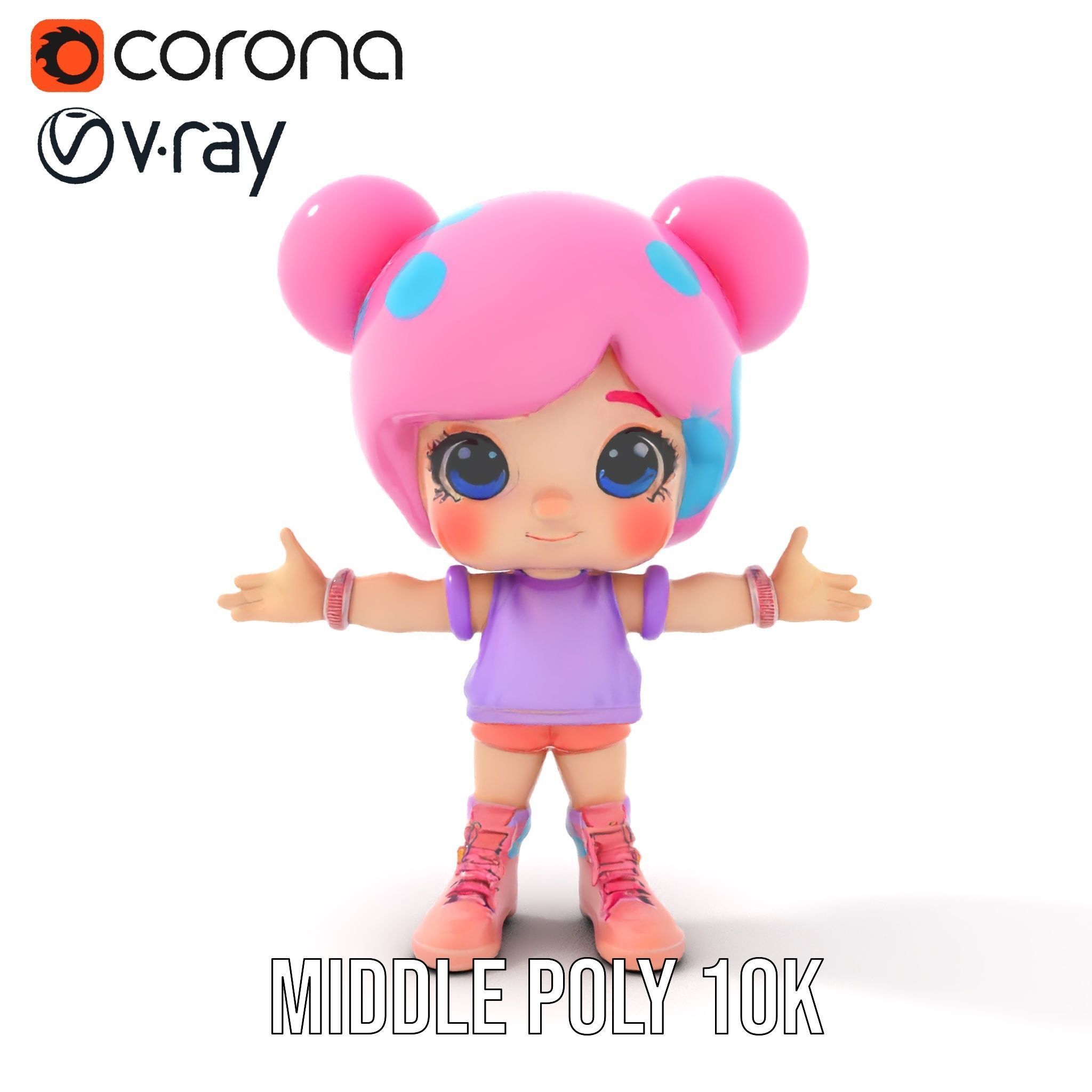 Cute Cartoon Character with Pink Hair and Polka Dots Rigged ... Low-poly 3D model_34