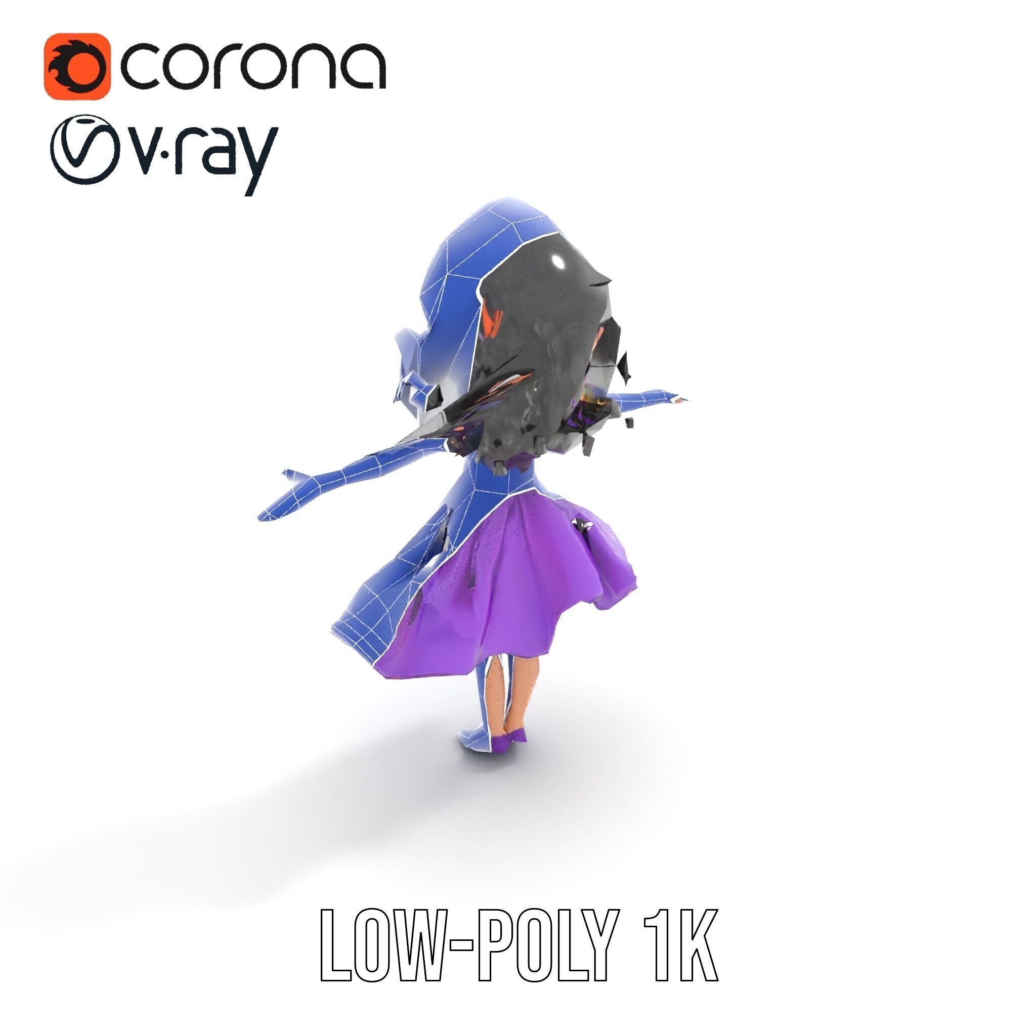 CurlyHaired Animated Character in Purple Dress Rigged and Ani... Low-poly 3D model_28