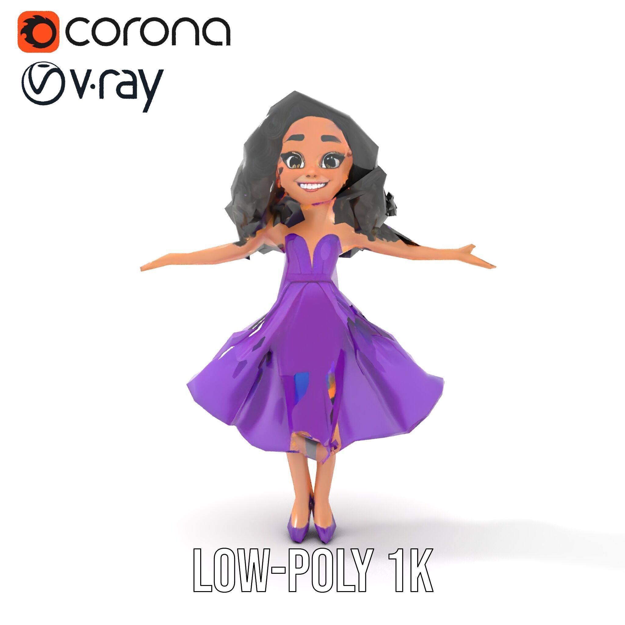 CurlyHaired Animated Character in Purple Dress Rigged and Ani... Low-poly 3D model_15