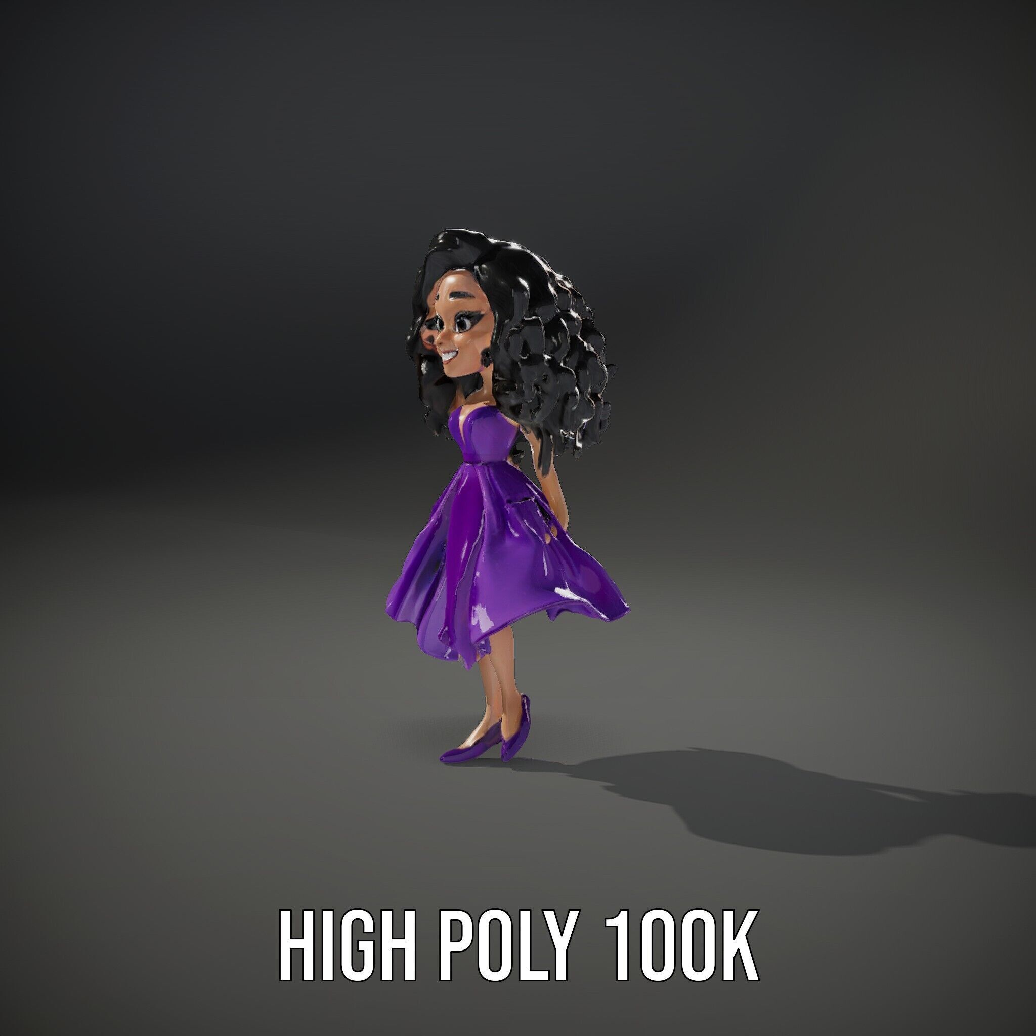 CurlyHaired Animated Character in Purple Dress Rigged and Ani... Low-poly 3D model_11