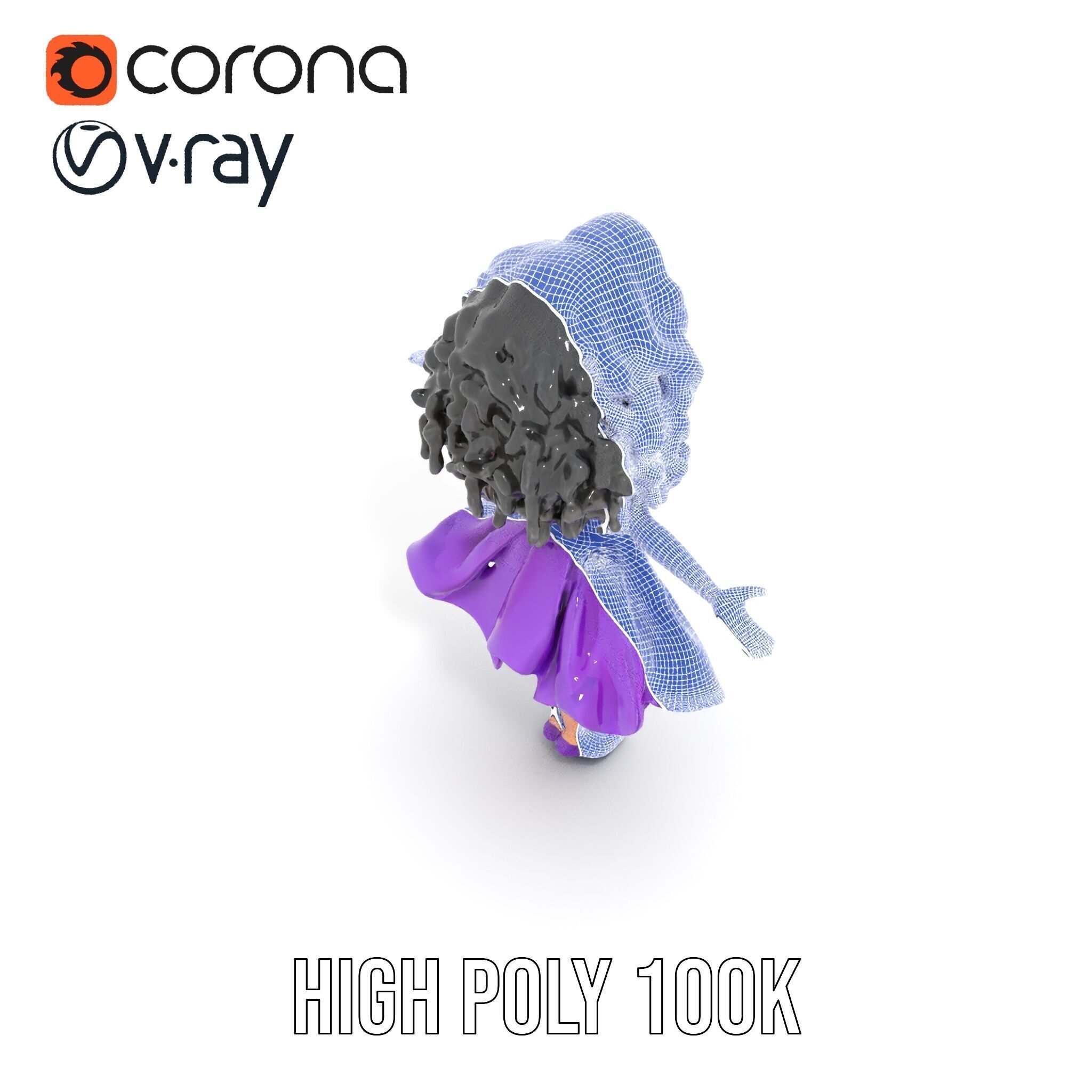 CurlyHaired Animated Character in Purple Dress Rigged and Ani... Low-poly 3D model_32