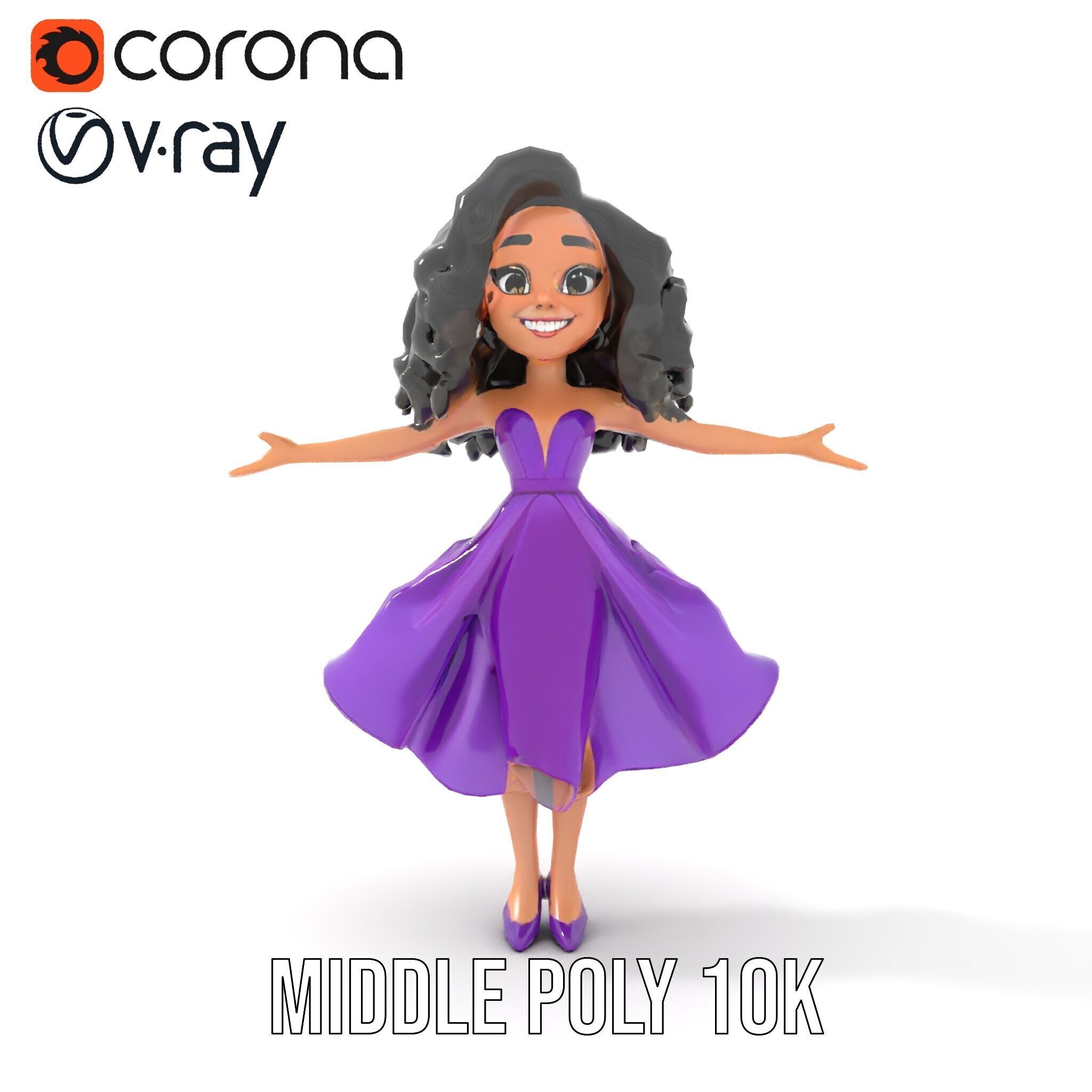 CurlyHaired Animated Character in Purple Dress Rigged and Ani... Low-poly 3D model_19