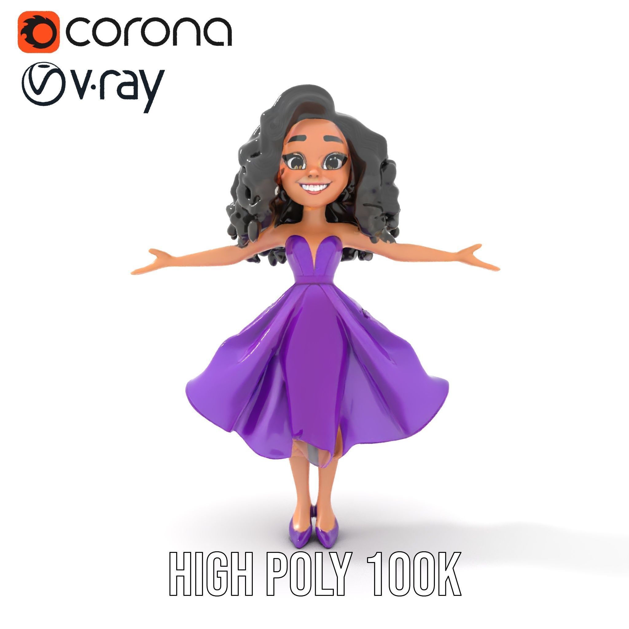 CurlyHaired Animated Character in Purple Dress Rigged and Ani... Low-poly 3D model_29