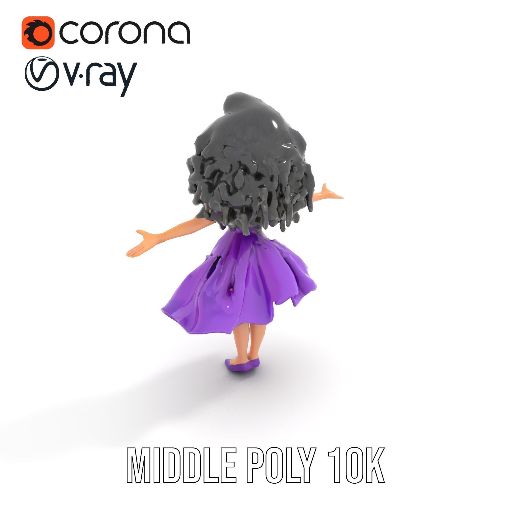 CurlyHaired Animated Character in Purple Dress Rigged and Ani... Low-poly 3D model_14