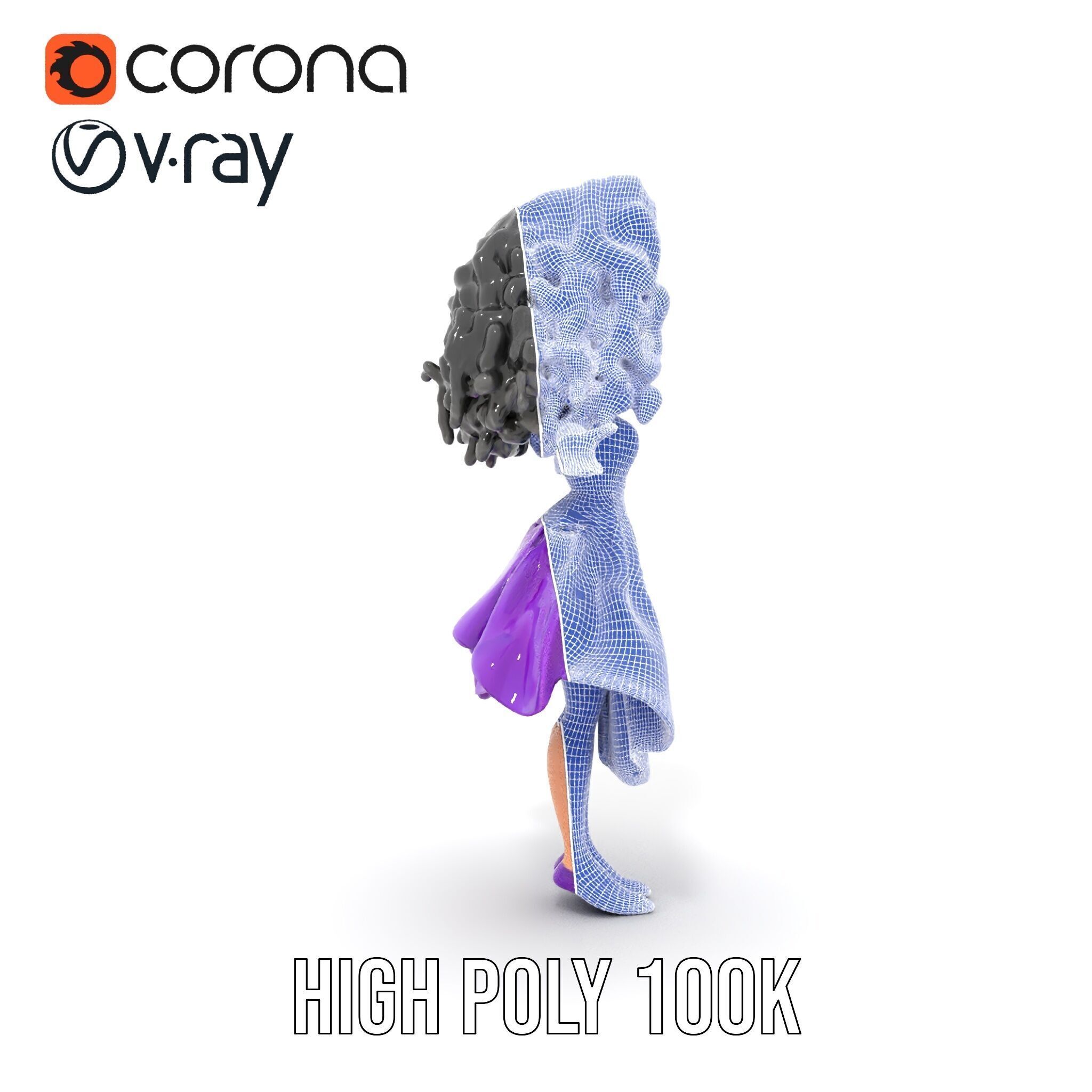 CurlyHaired Animated Character in Purple Dress Rigged and Ani... Low-poly 3D model_37