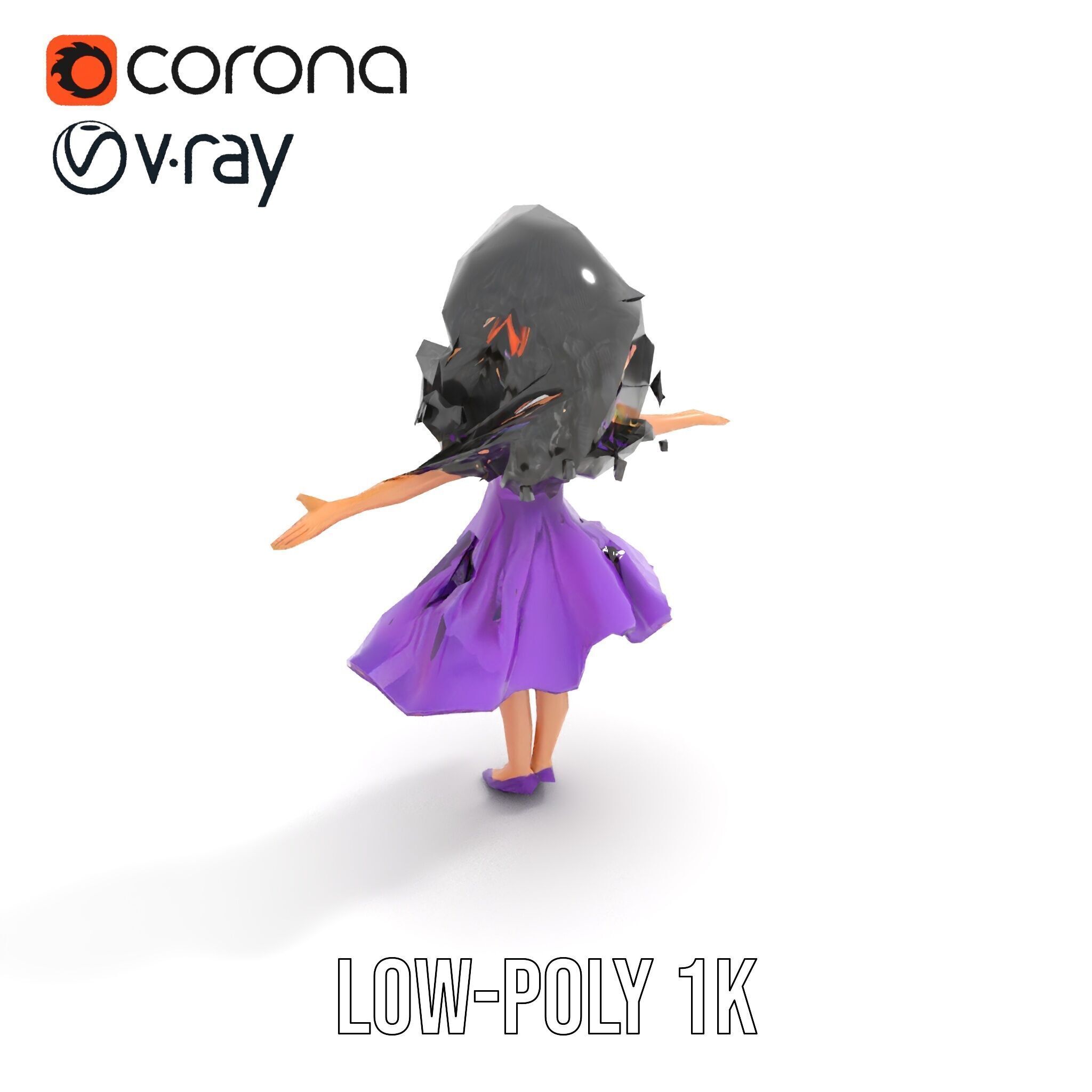 CurlyHaired Animated Character in Purple Dress Rigged and Ani... Low-poly 3D model_13