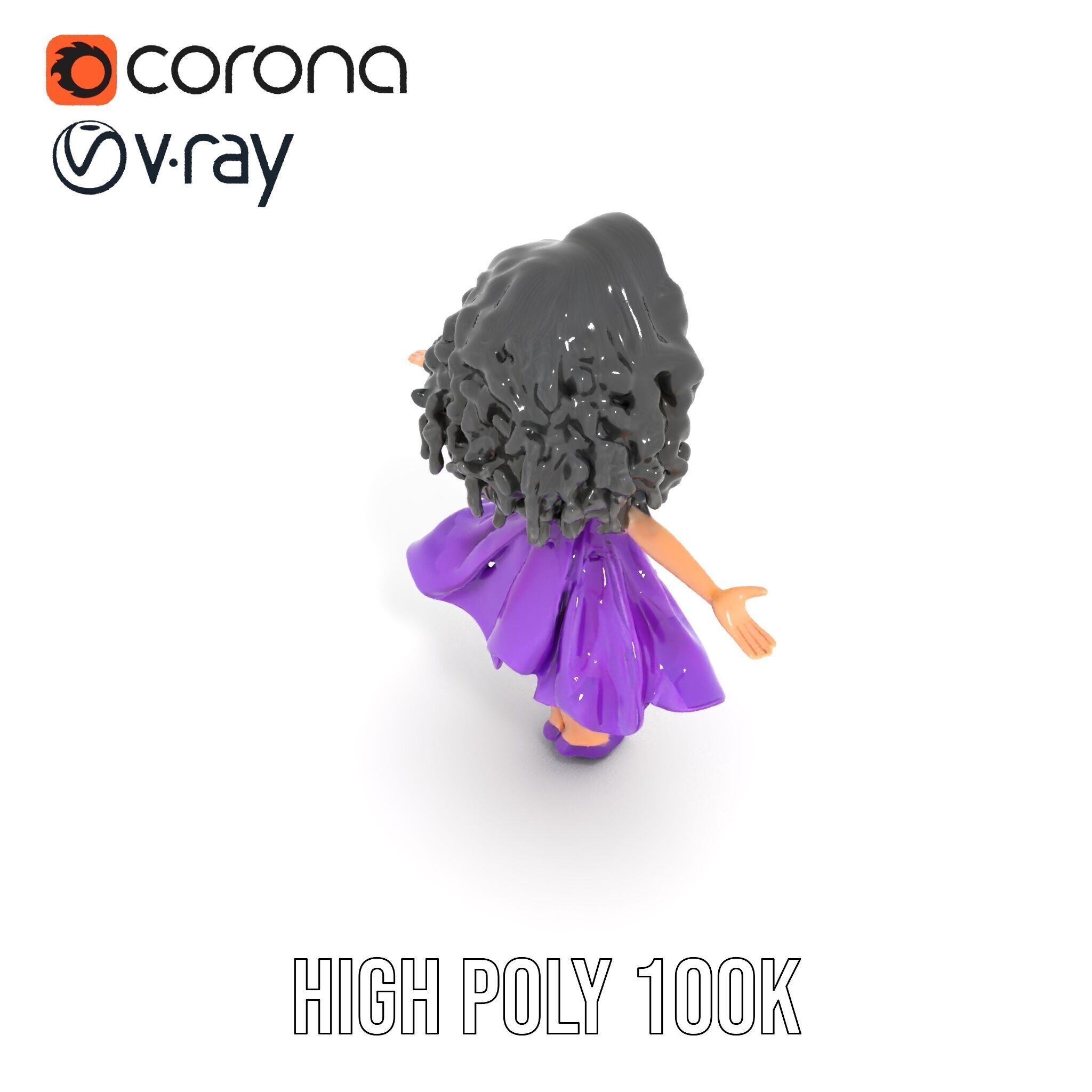 CurlyHaired Animated Character in Purple Dress Rigged and Ani... Low-poly 3D model_24